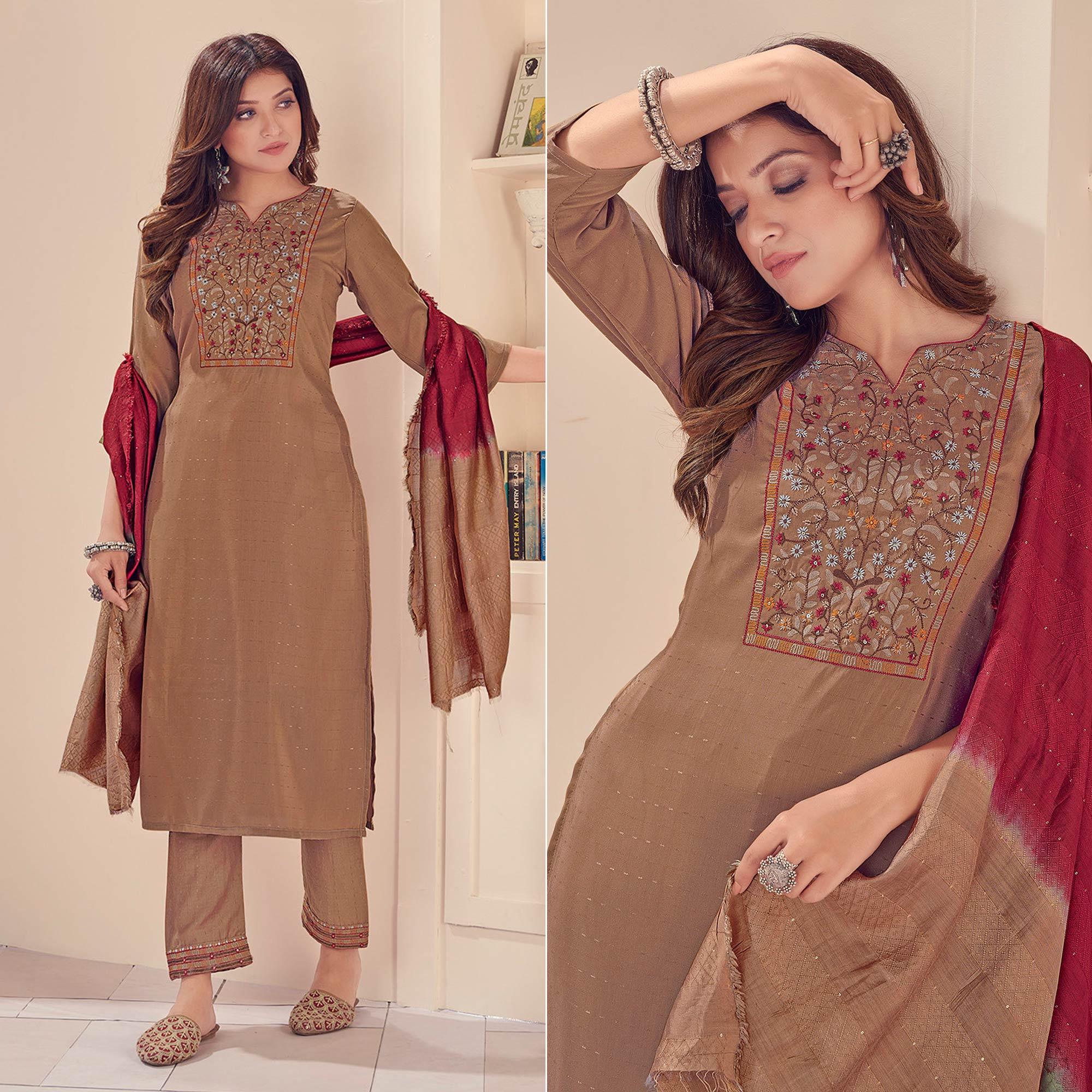 Peachmode Seller Brown Embroidered With Embellished Chiffon Kurti Pant Set With Dupatta