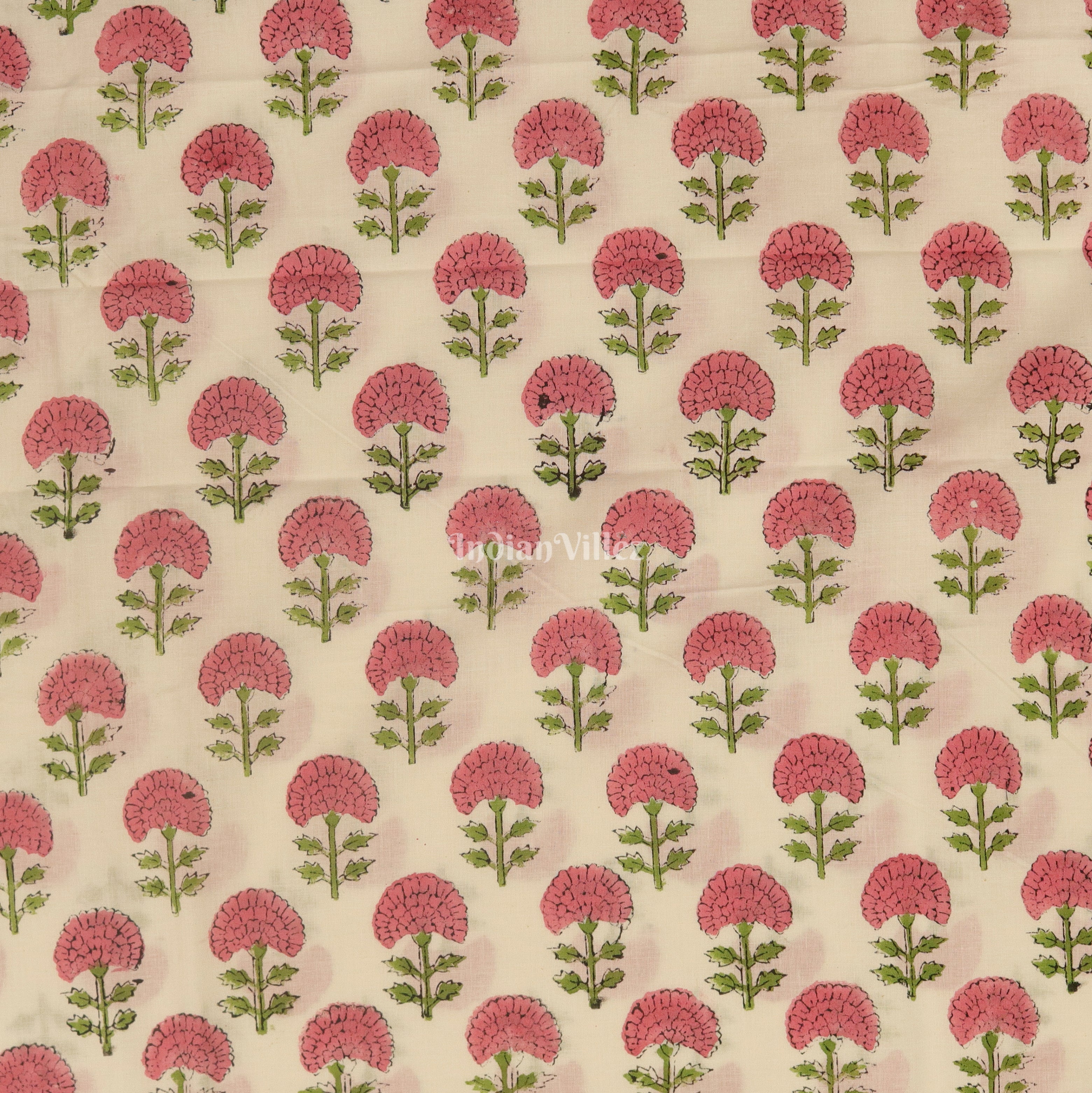 IndianVillèz White Pink Flower Motif Hand Block Printed Cotton Fabric - view 2