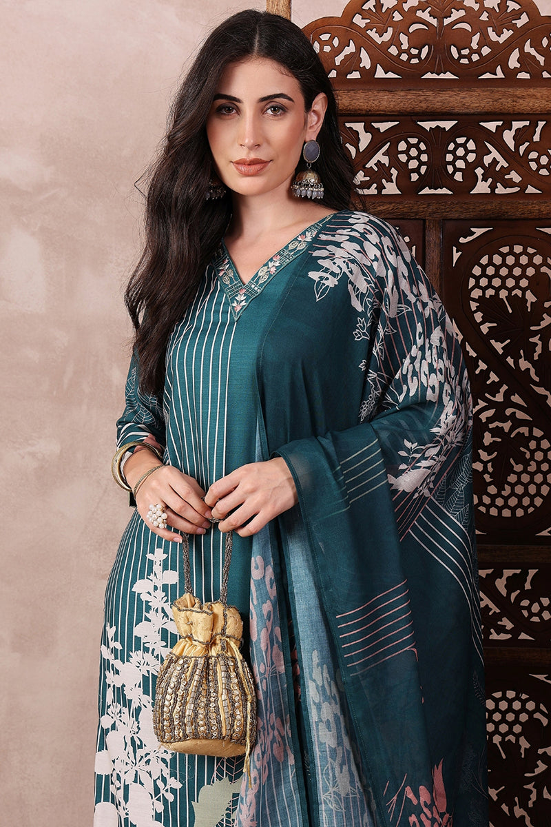 Ahika Teal Blue Rayon Blend Abstract Printed Straight Trouser Bottom Suit Set PKSKD2547TIL