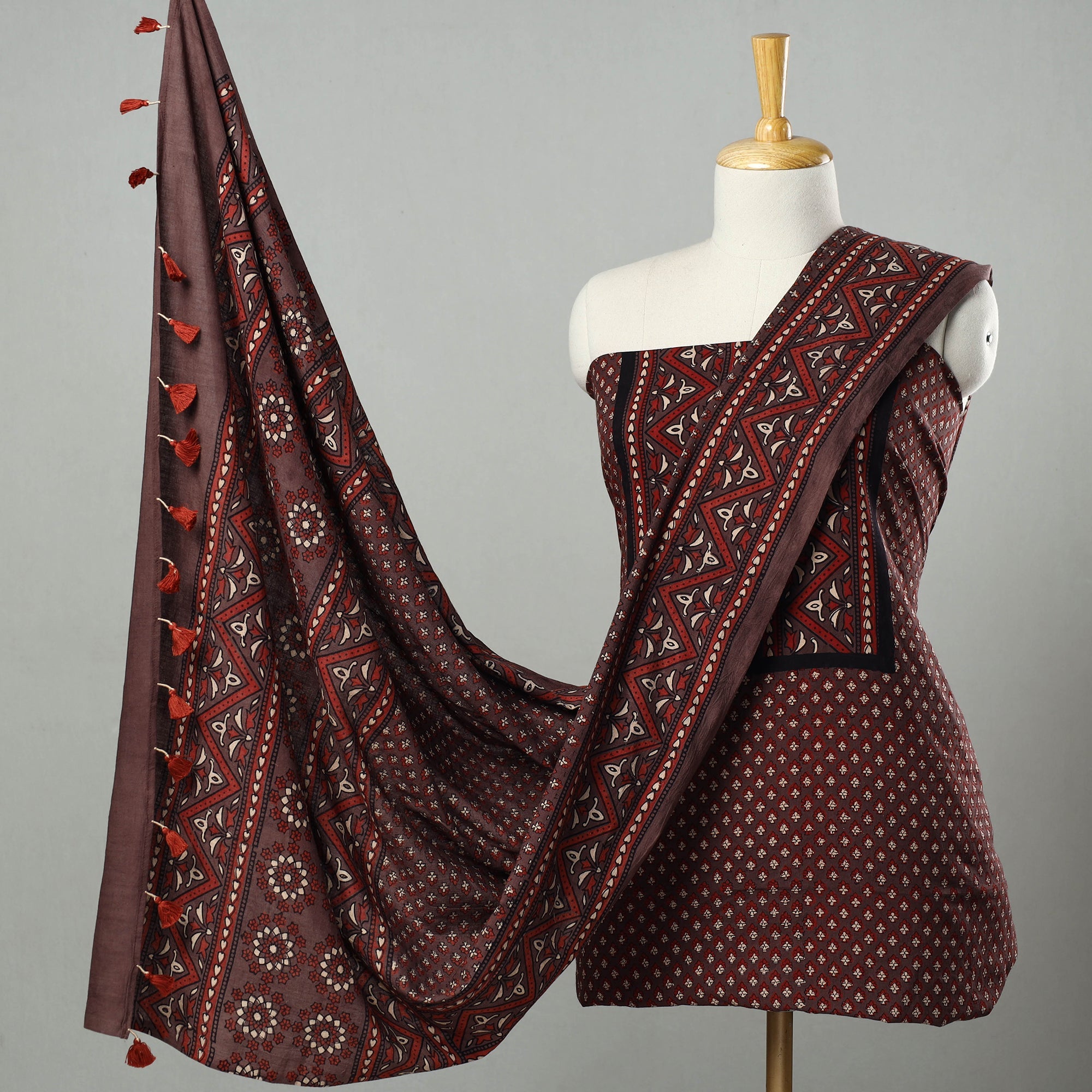 AJRAKH BY JABBAR KHATRI Brown - Hand Block Print Cotton 3pc Ajrakh Dress Material 35