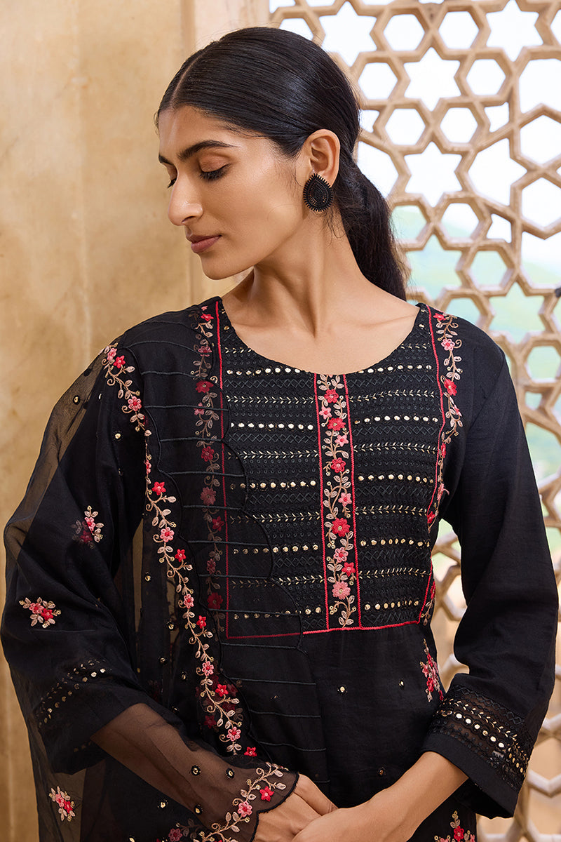 Ahika Black Silk Blend Solid Embroidered Straight Trouser Bottom Suit Set PKSKD2630