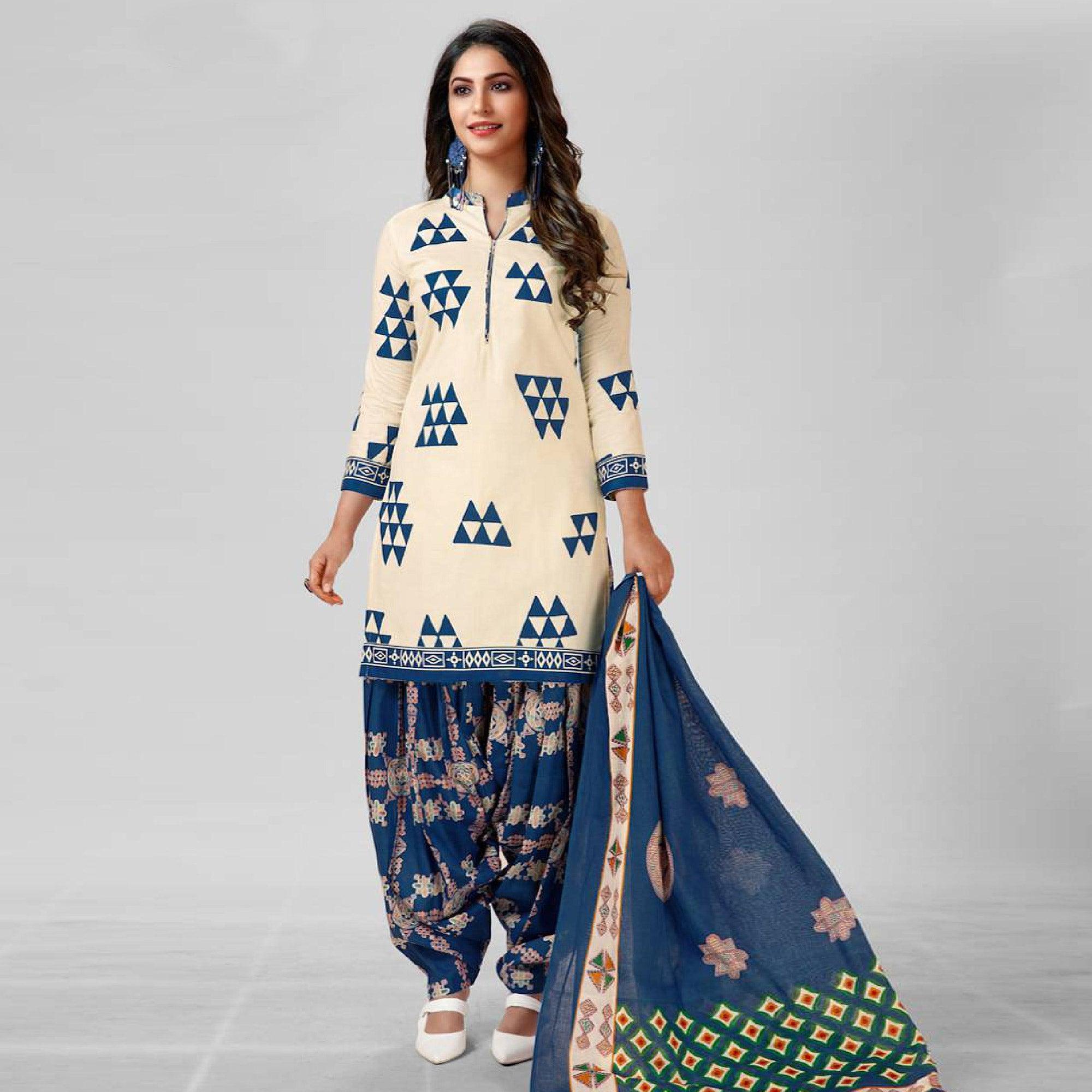 Peachmode Cream Casual Wear Printed Cotton Patiala Dress Material
