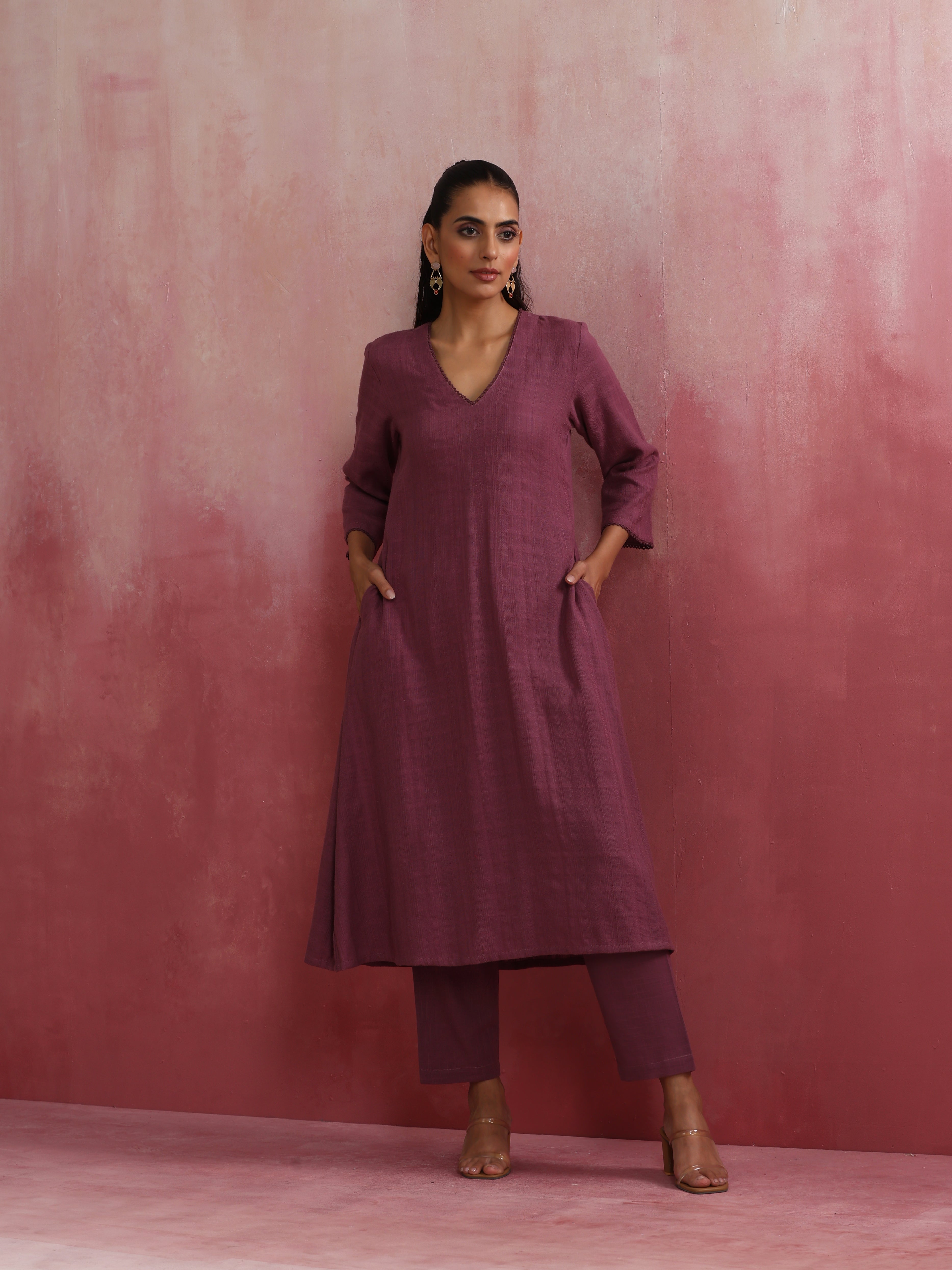 trueBrowns Light Purple Cotton Dobby Flared Kurta Set - view 2