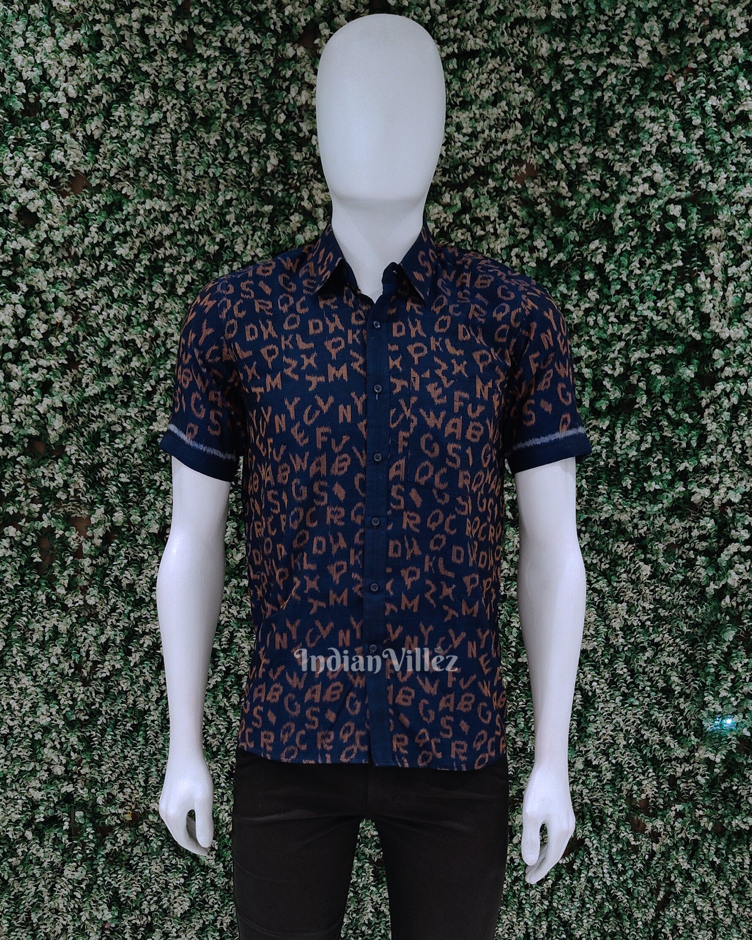 IndianVillèz Blue English Alphabet Odisha Ikat Cotton Half Sleeve Shirt for Men