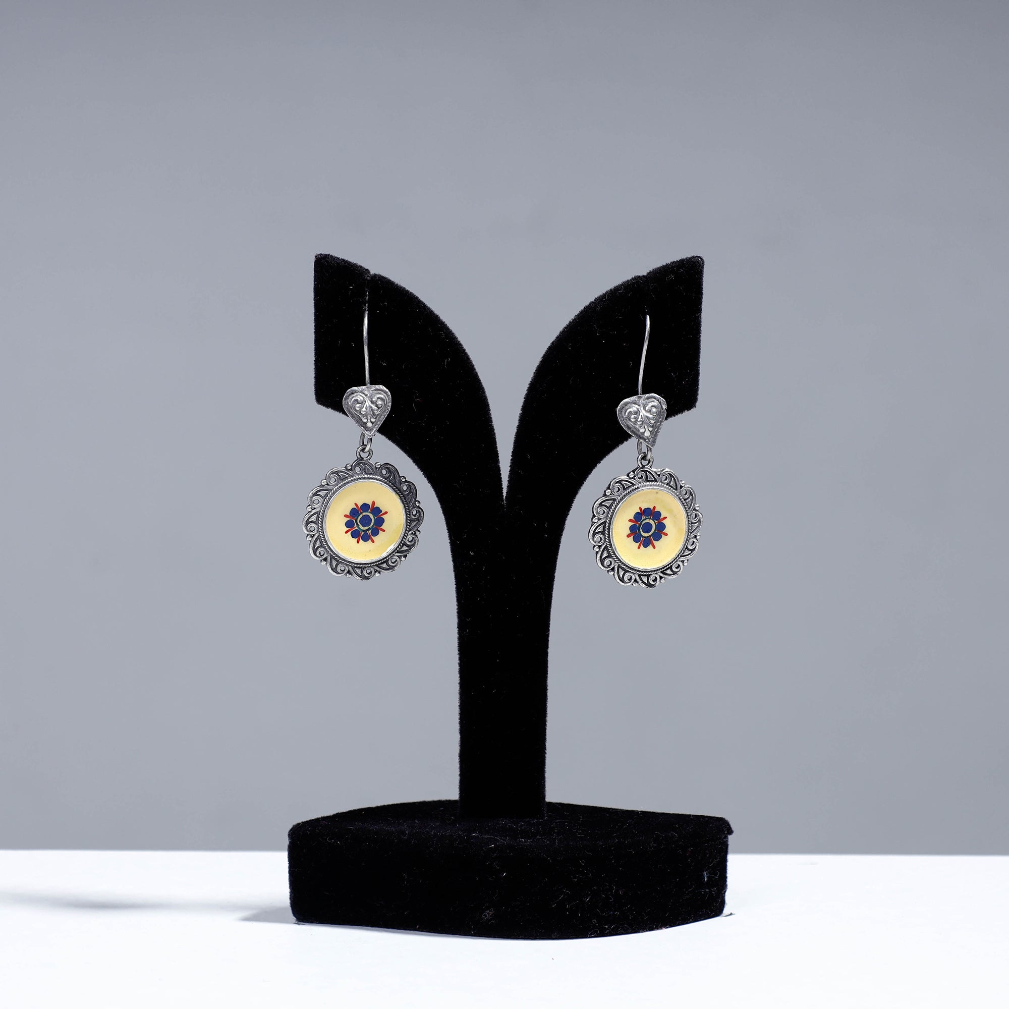 WHITE RIVER STORIES Antique Silver Finish Oxidised Brass Base Enamel Work Earrings