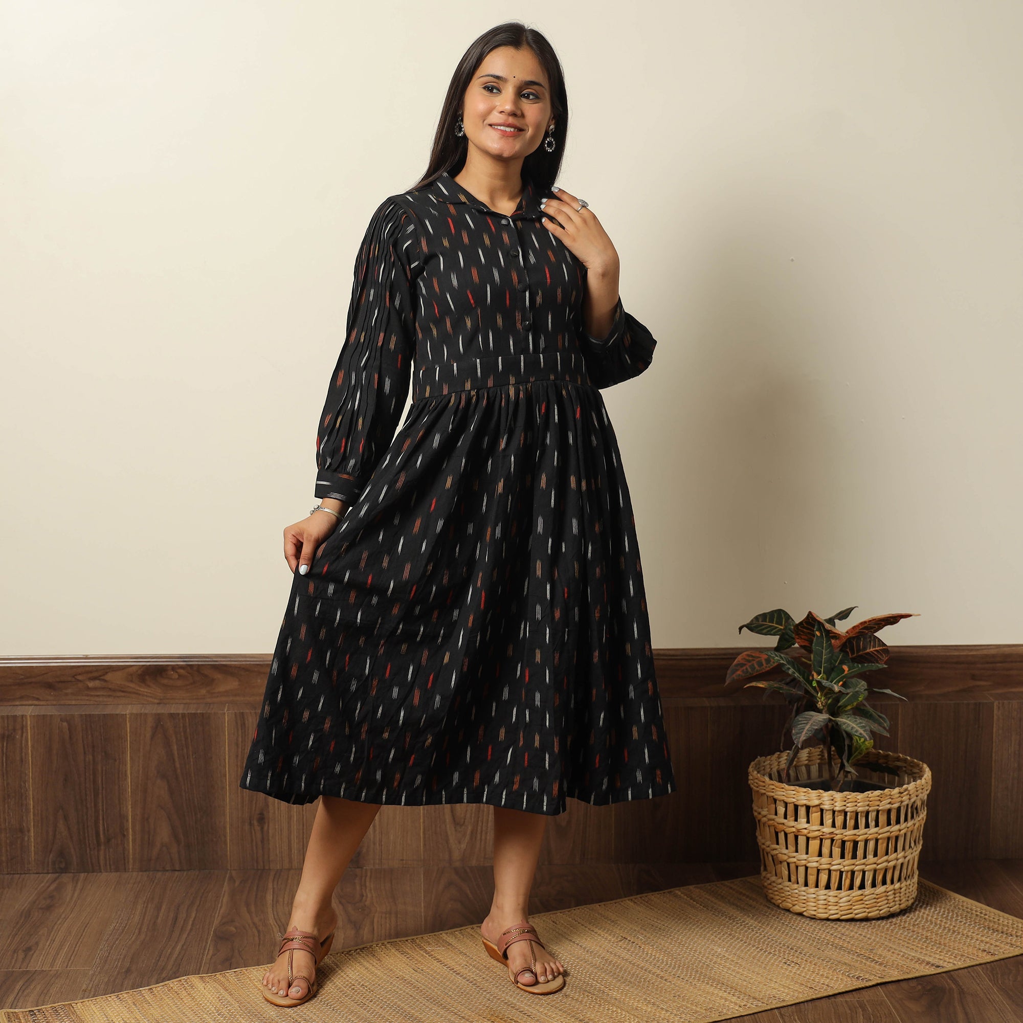 ITOKRI CASUALS Black - Pochampally Ikat Weave Cotton Flared Dress 11