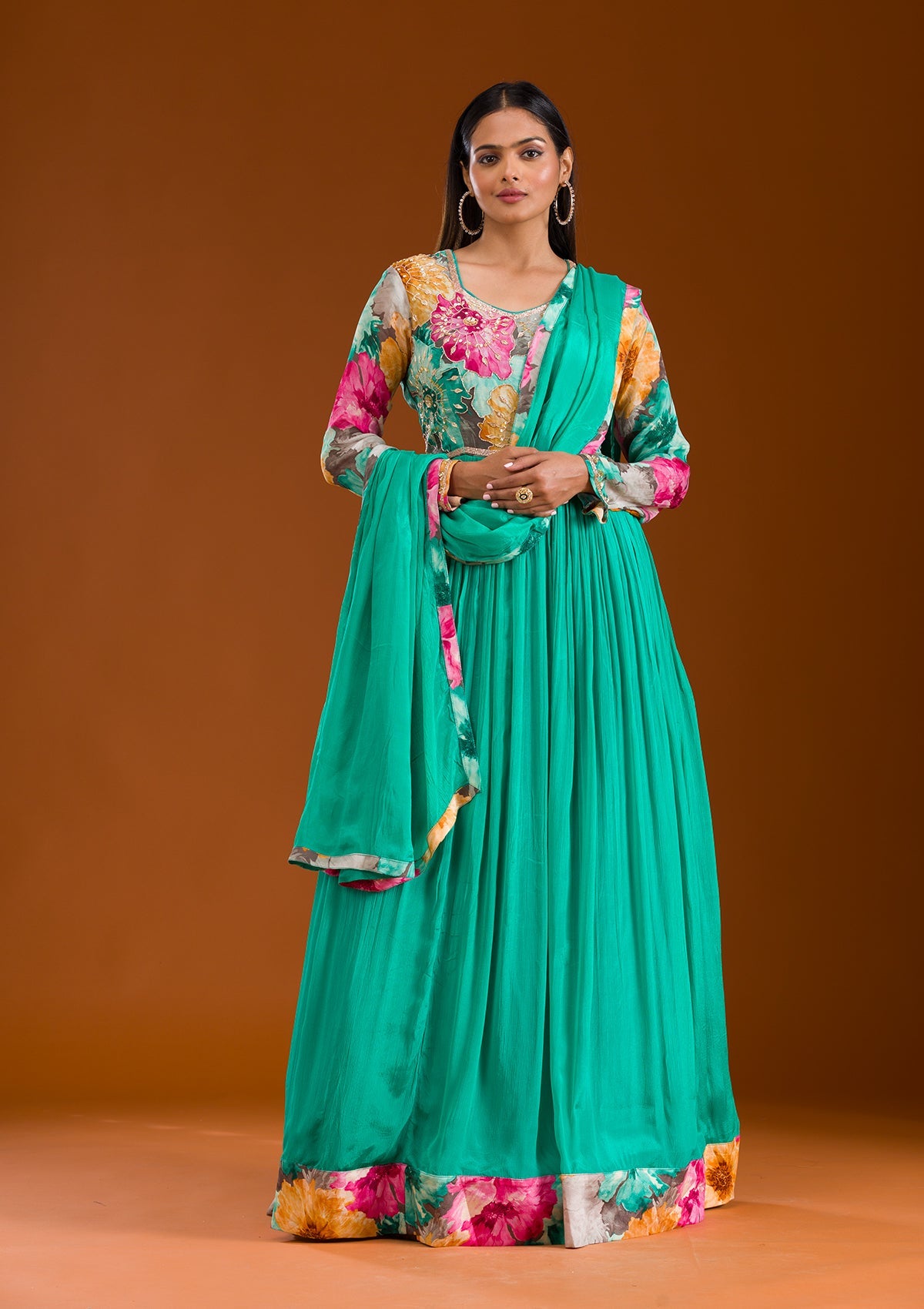 Koskii Sea Green Printed Semi Crepe Readymade Salwar Suit