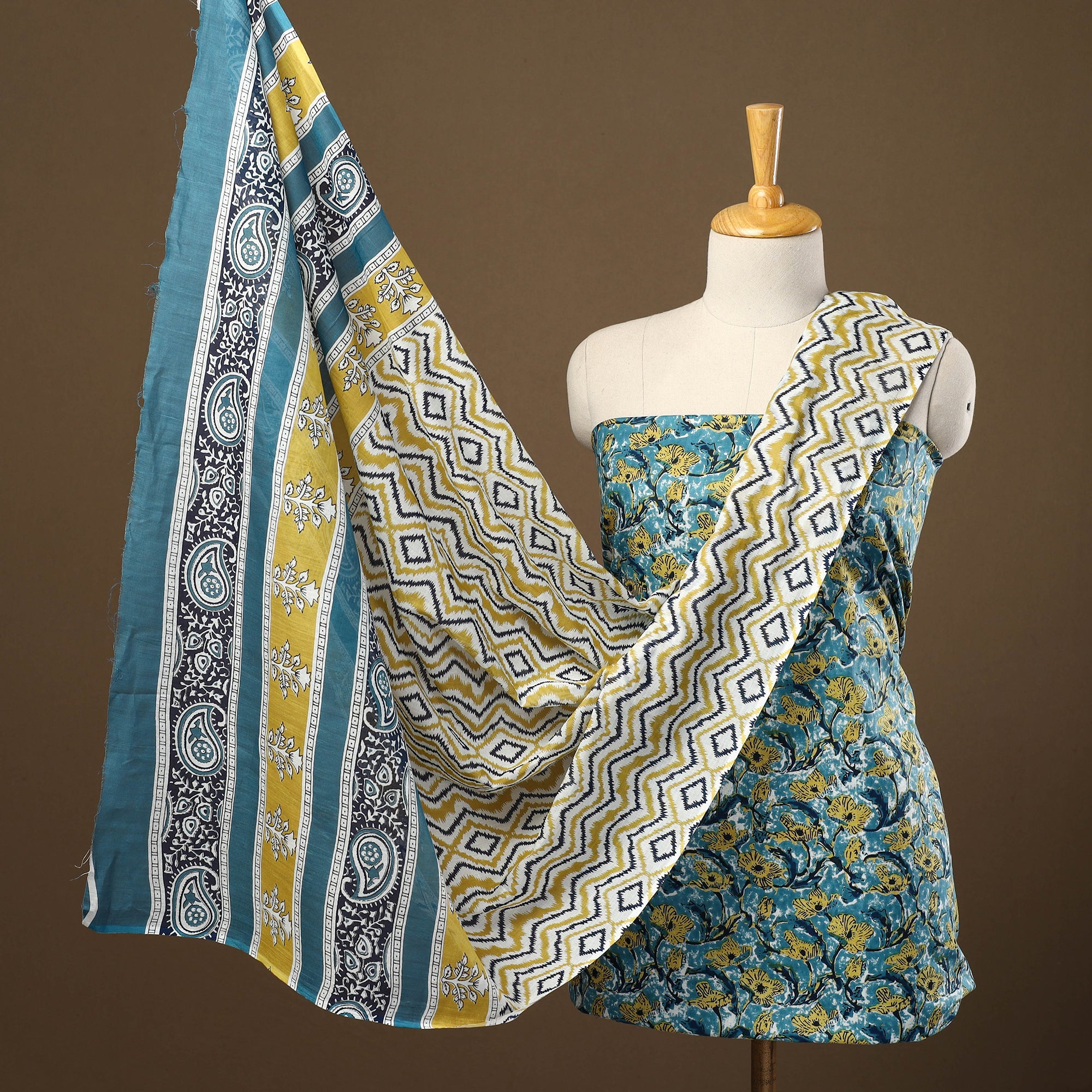 ARTISAN HAND BLOCK PRINTS Blue - 3pc Sanganeri Block Print Cotton Dress Material 21