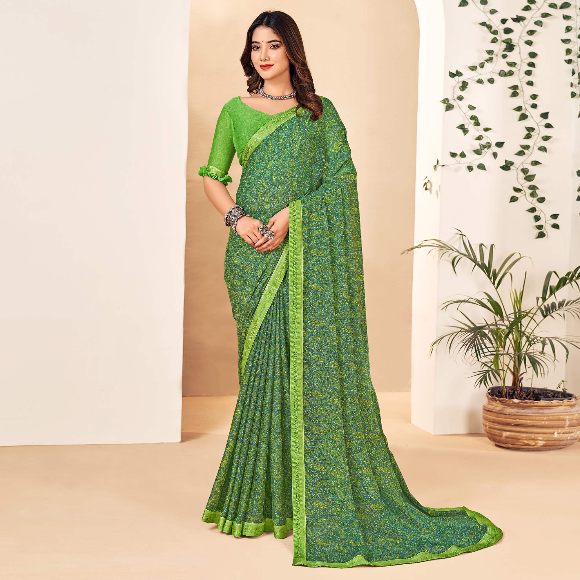 Green sarees – BlackTree green-floral-printed-chiffon-saree-with-lace-border-1