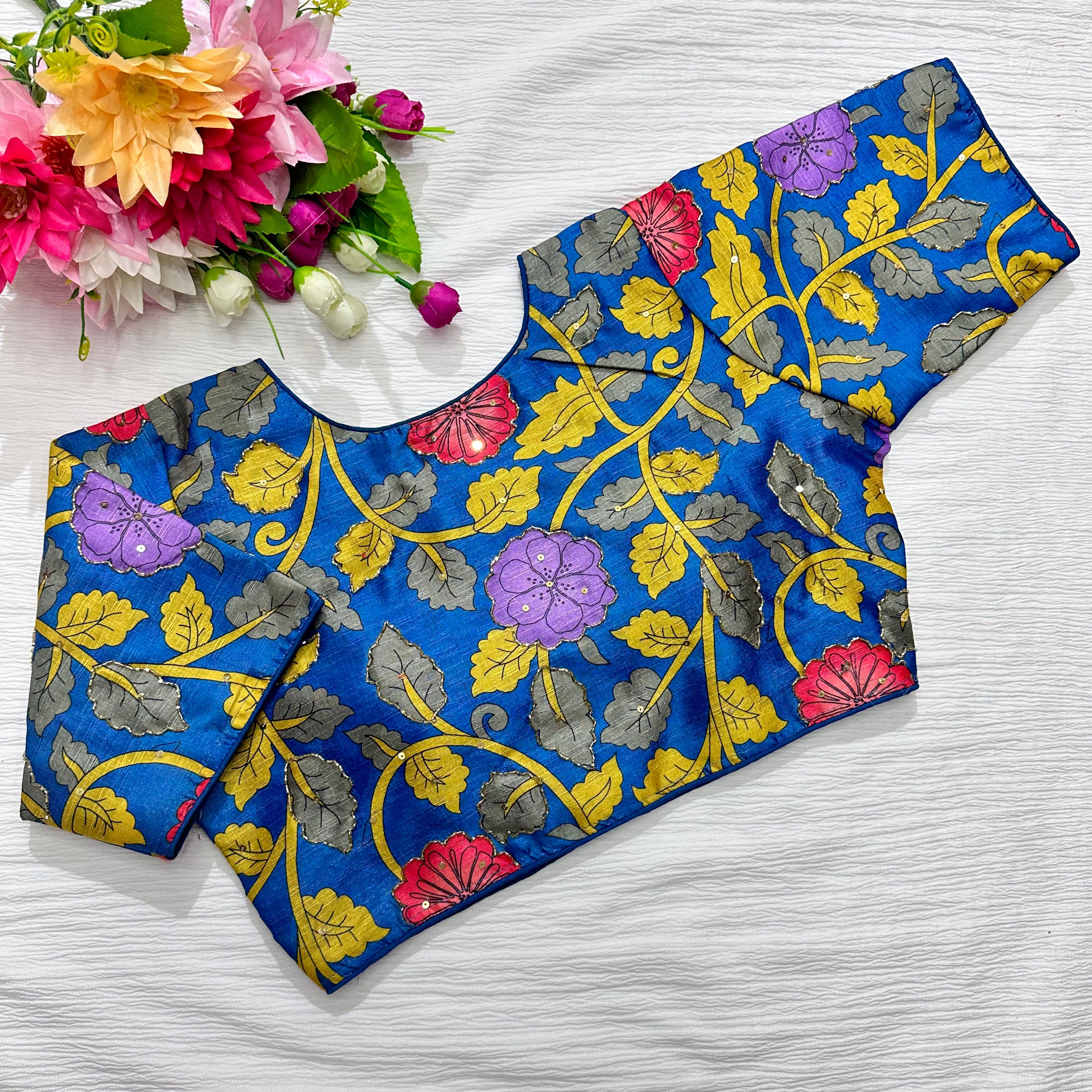 ClothsVilla Blue Pure Silk Blouse with Antique Handcrafted Detailing