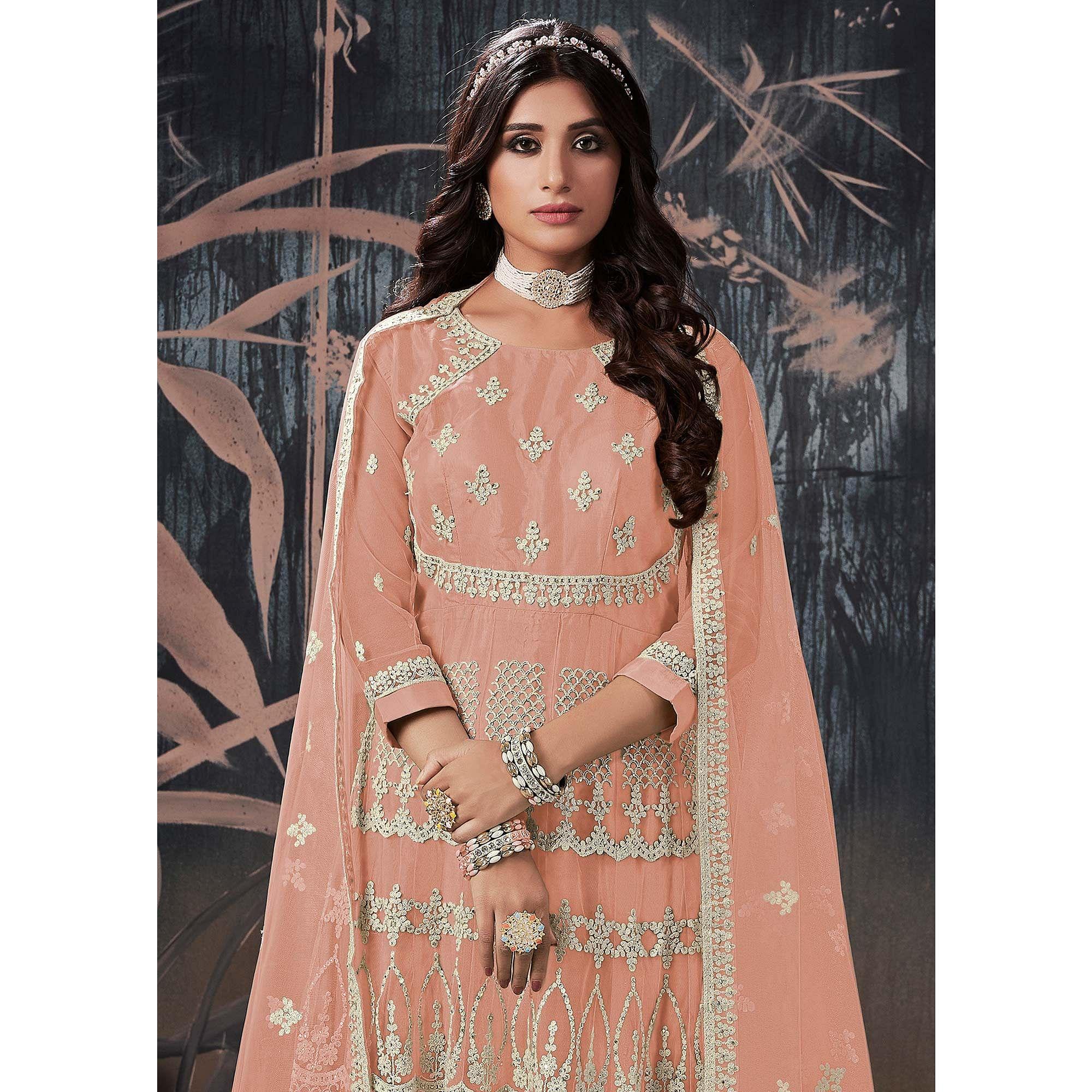 Peachmode Seller Light Brown Partywear Embroidery With Embellished Net Gown - view 2