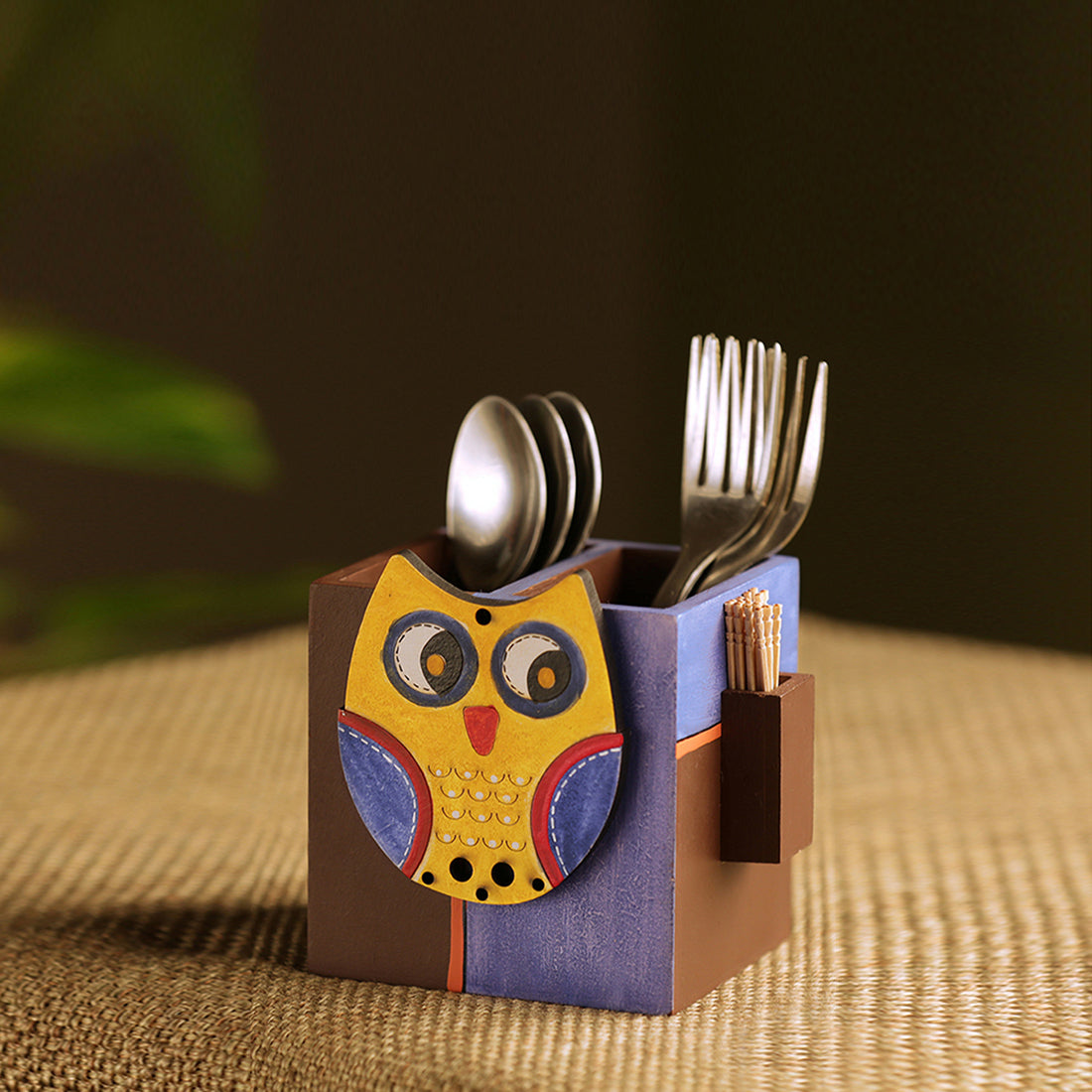 Cutlery toothpick holder – EXCLUSIVELANE 'Owl Motif' Cutlery & Toothpick Holder In Pine Wood (3 Partitions)