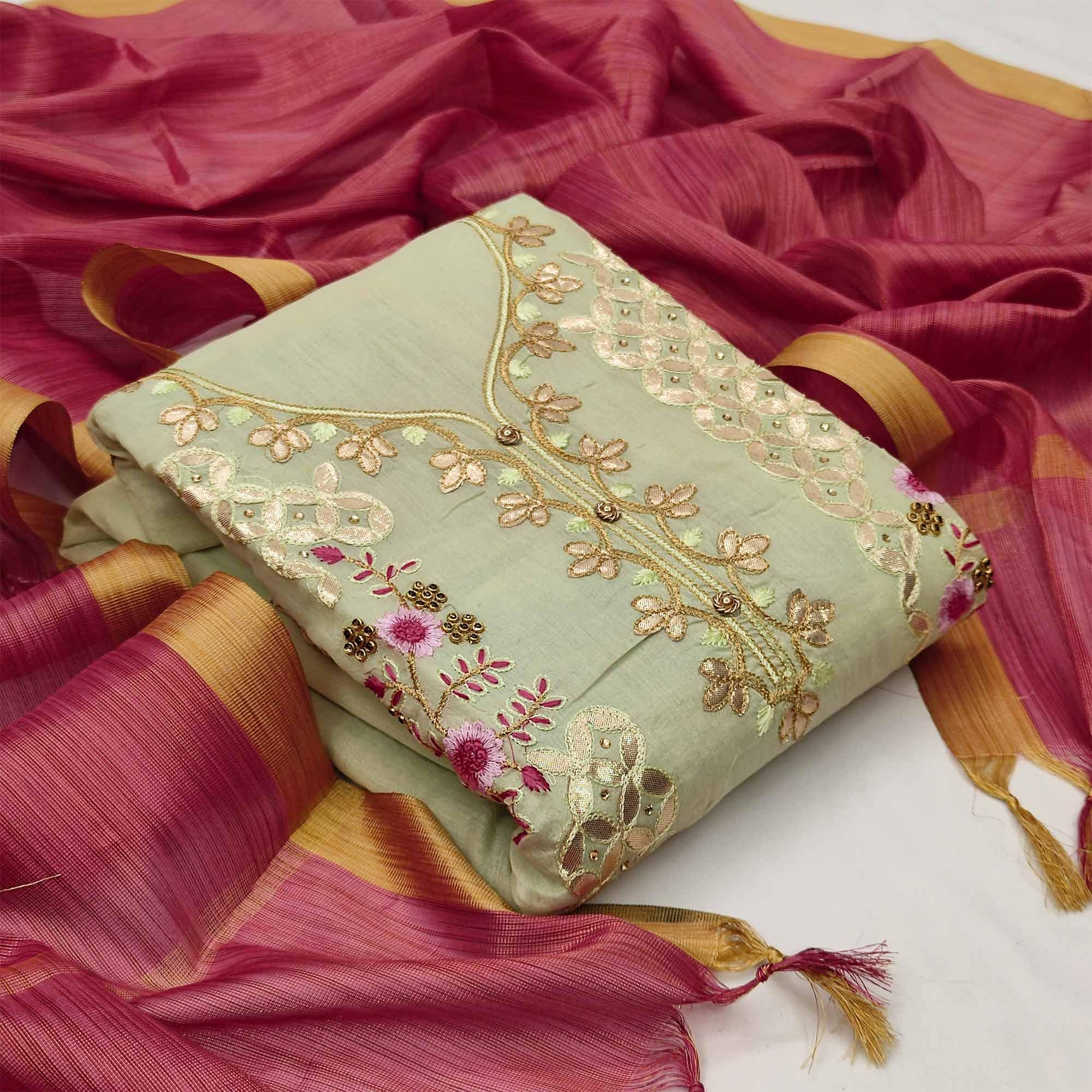 Peachmode Ideal Green Colored Casual Embroidered Modal Chanderi Dress Material
