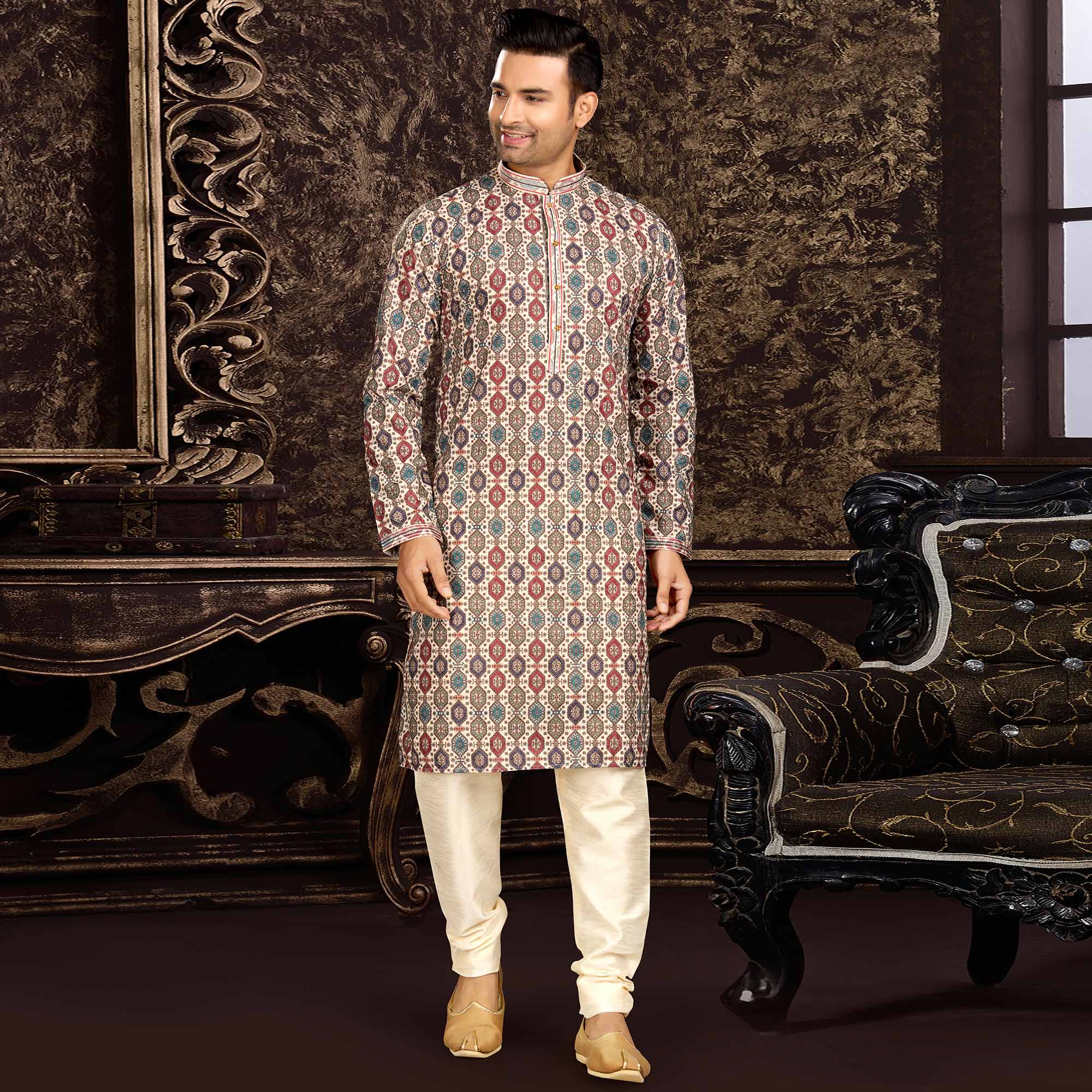 Peachmode Seller Multicolor Lucknowi And Digital Printed Cotton Kurta Pyjama Set - view 5