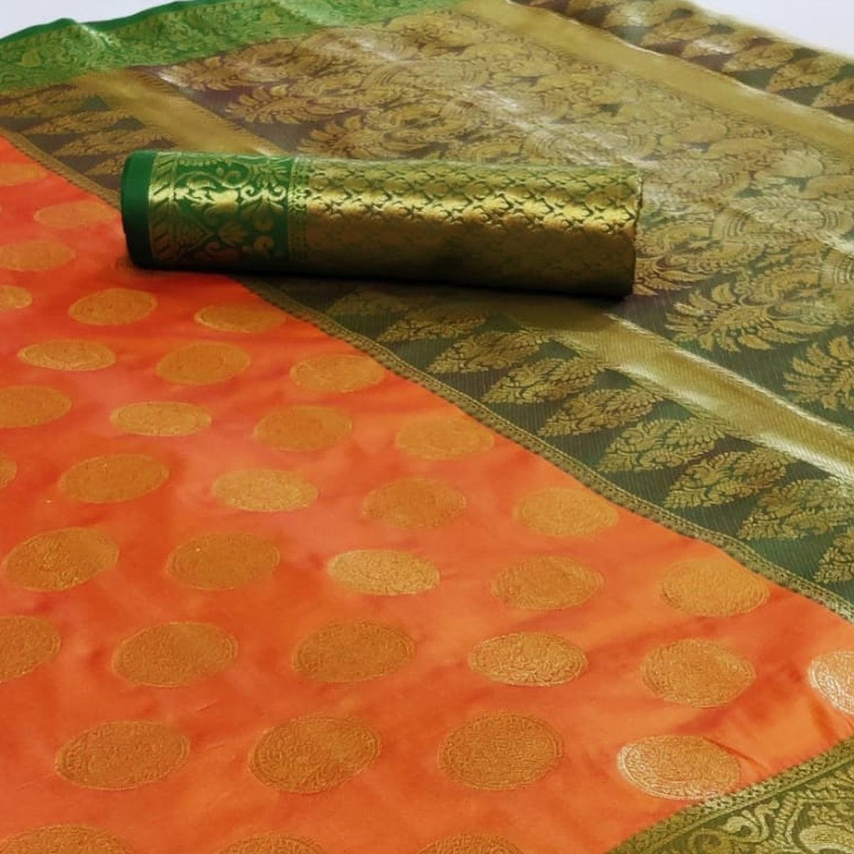 Peachmode Elegant Orange Colored Festive Wear Woven Heavy Silk Saree - view 2