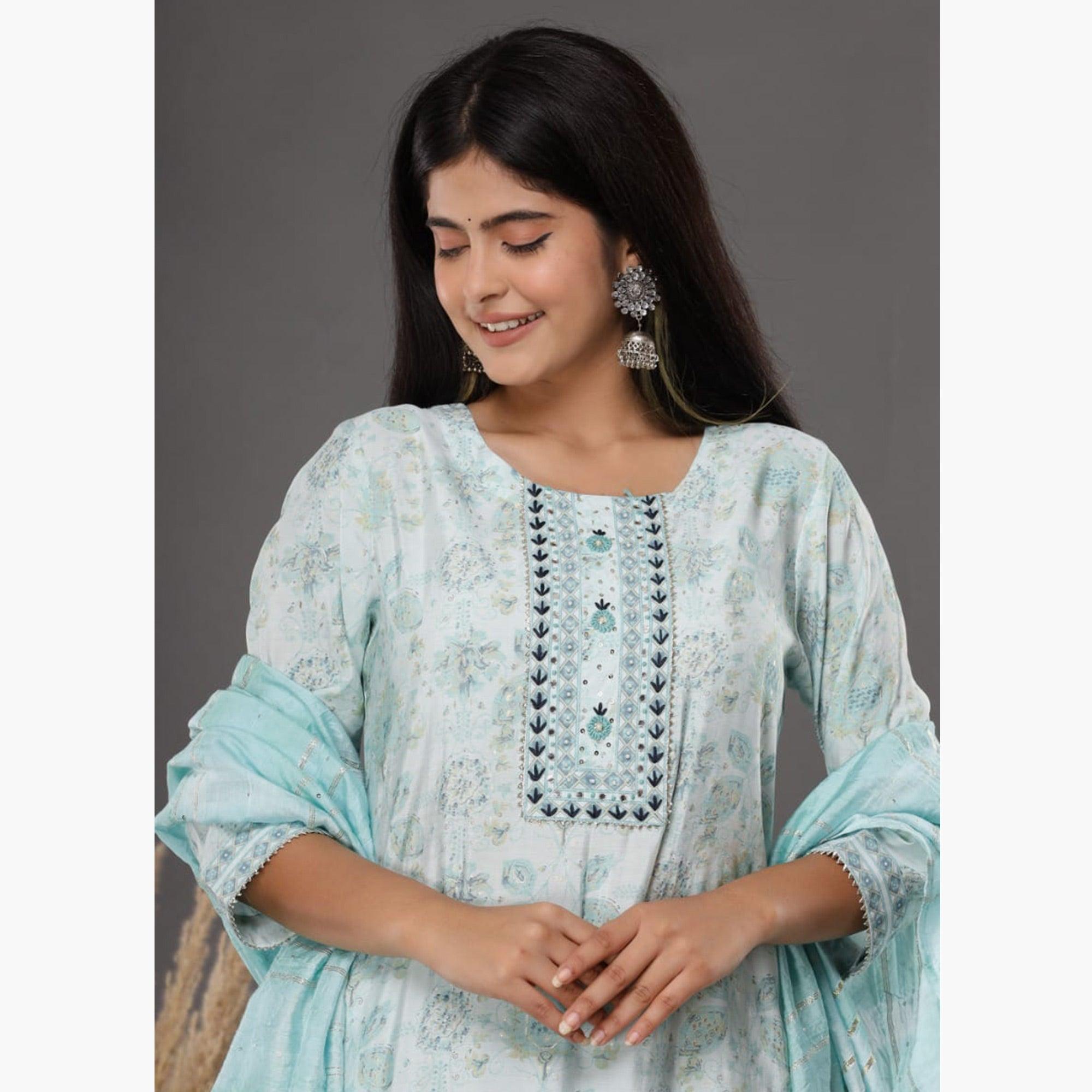 Peachmode Light Blue Printed Muslin Kurti Pant Set With Dupatta - view 4