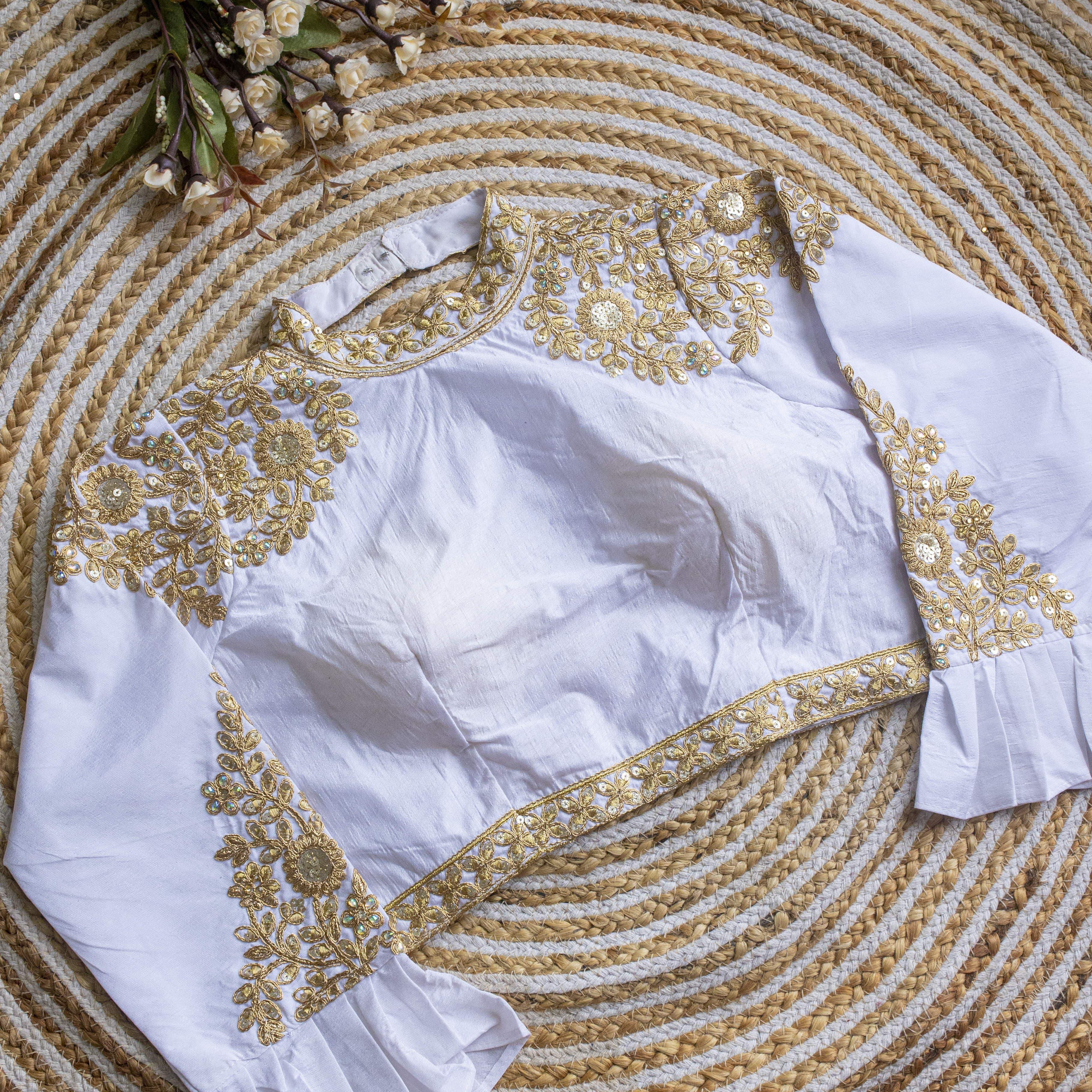ClothsVilla White Golden Sequence Embroidered Blouse in glossy silk