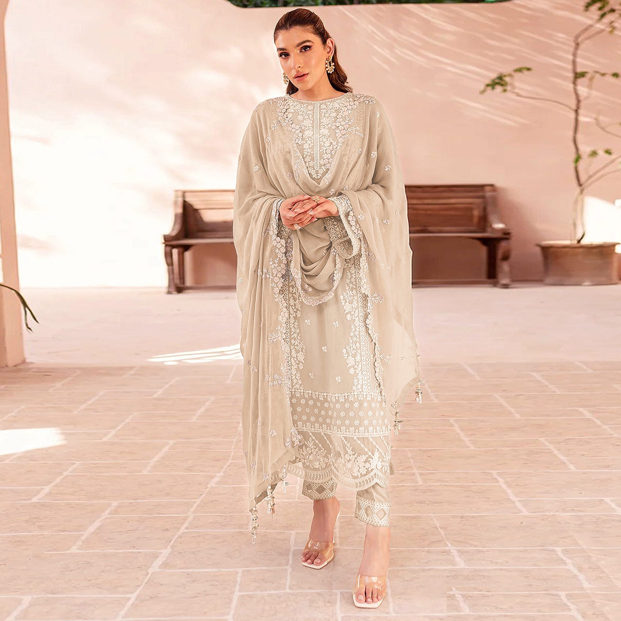 Peachmode Cream Floral Sequins Embroidered Georgette Semi Stitched Pakistani Suit - view 2