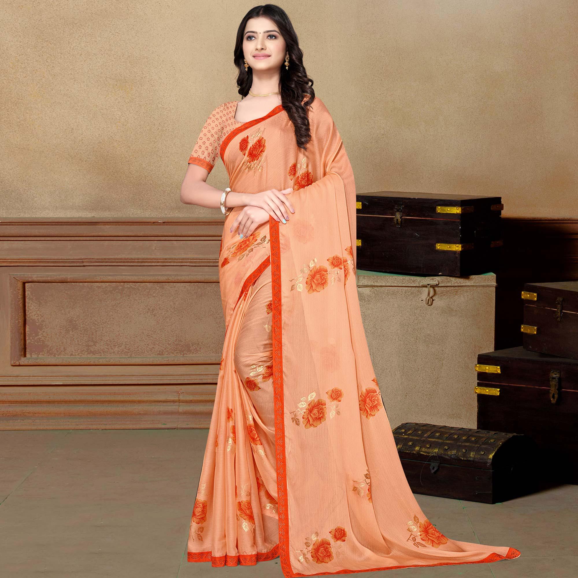 Peachmode Light Orange Partywear Foil Printed & Embellished Moss Chiffon Saree