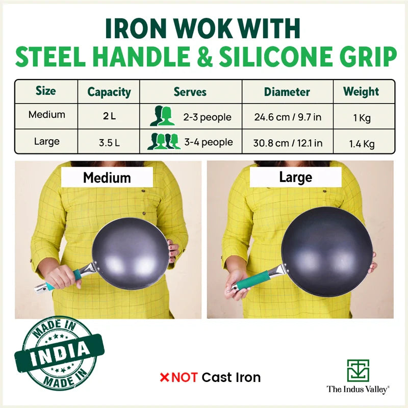 The Indus Valley 100% Pure Iron Wok with Steel Cool Touch Handle & Silicone Grip, Toxin-free Sheet Iron, Pre-seasoned, 2/3.5 L, 24.6/30.8 Cm, 1/1.4 Kg - view 2