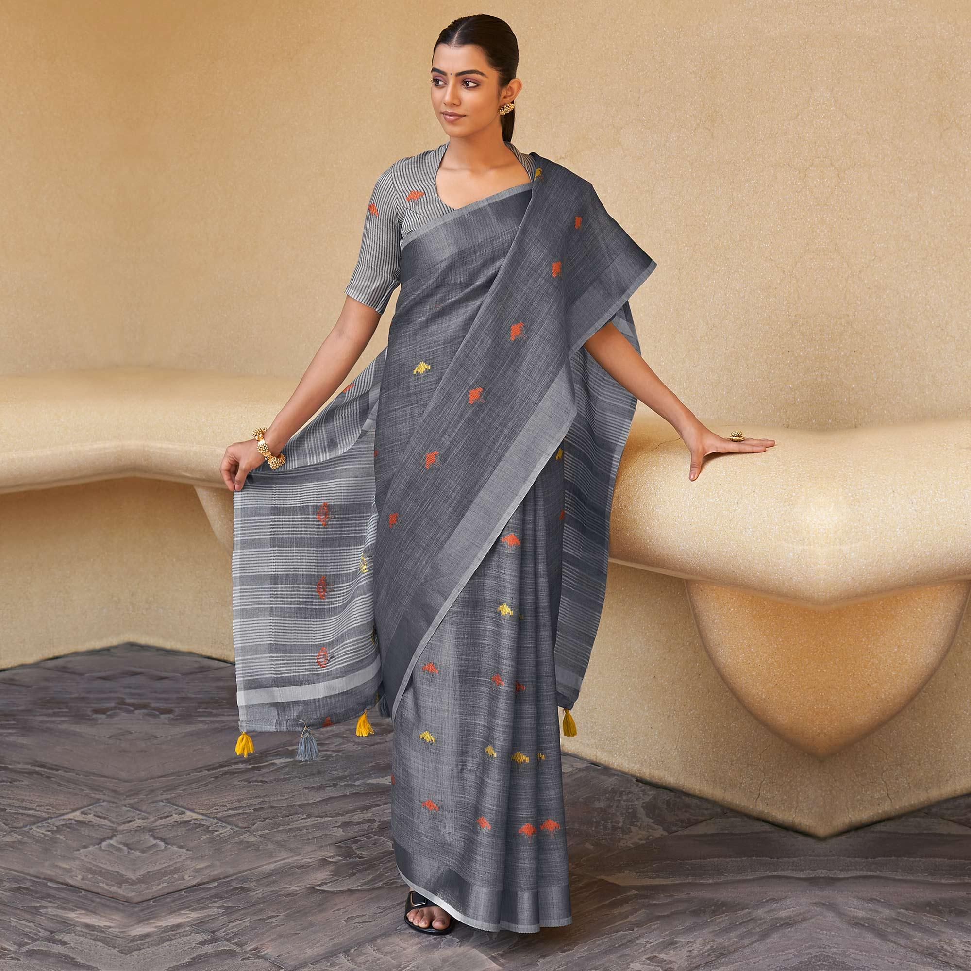Grey sarees – BlackTree grey-casual-wear-embroidered-linen-saree-132579