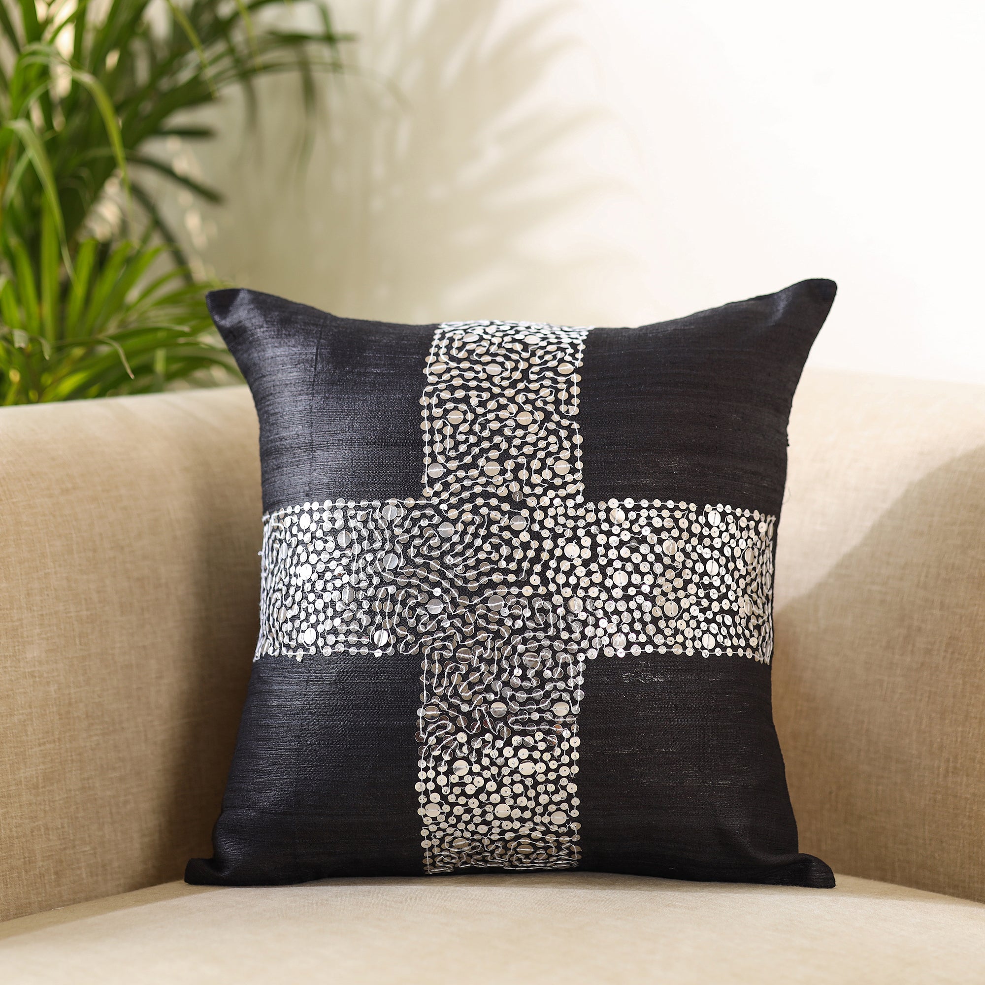 CHHATTISGARH HASTSHILP VIKAS BOARD Black - Aari Embroidery Sequin Work Ghicha Silk Cushion Cover (16 x 16 in)