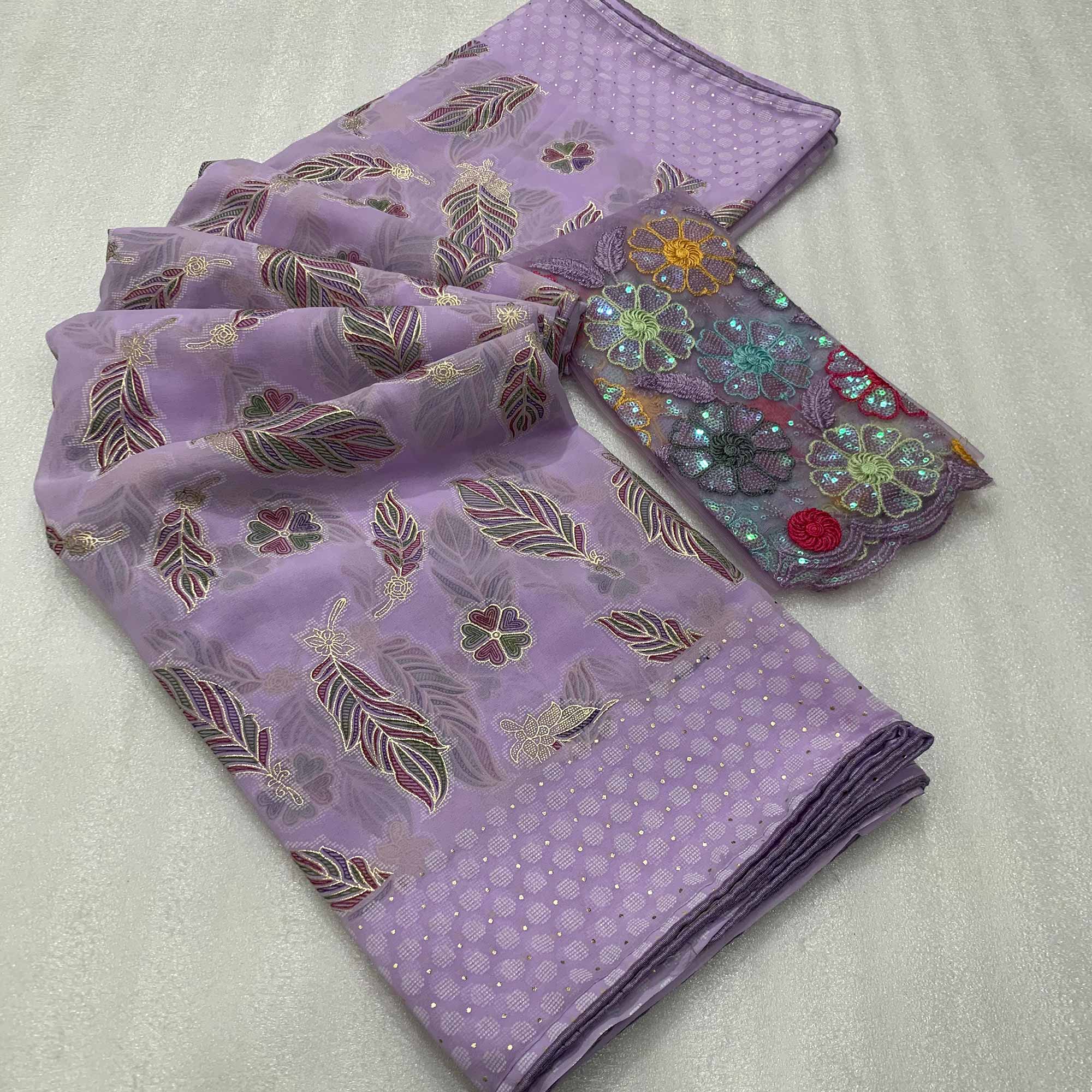 Peachmode Lavender Floral Foil Printed Georgette Saree