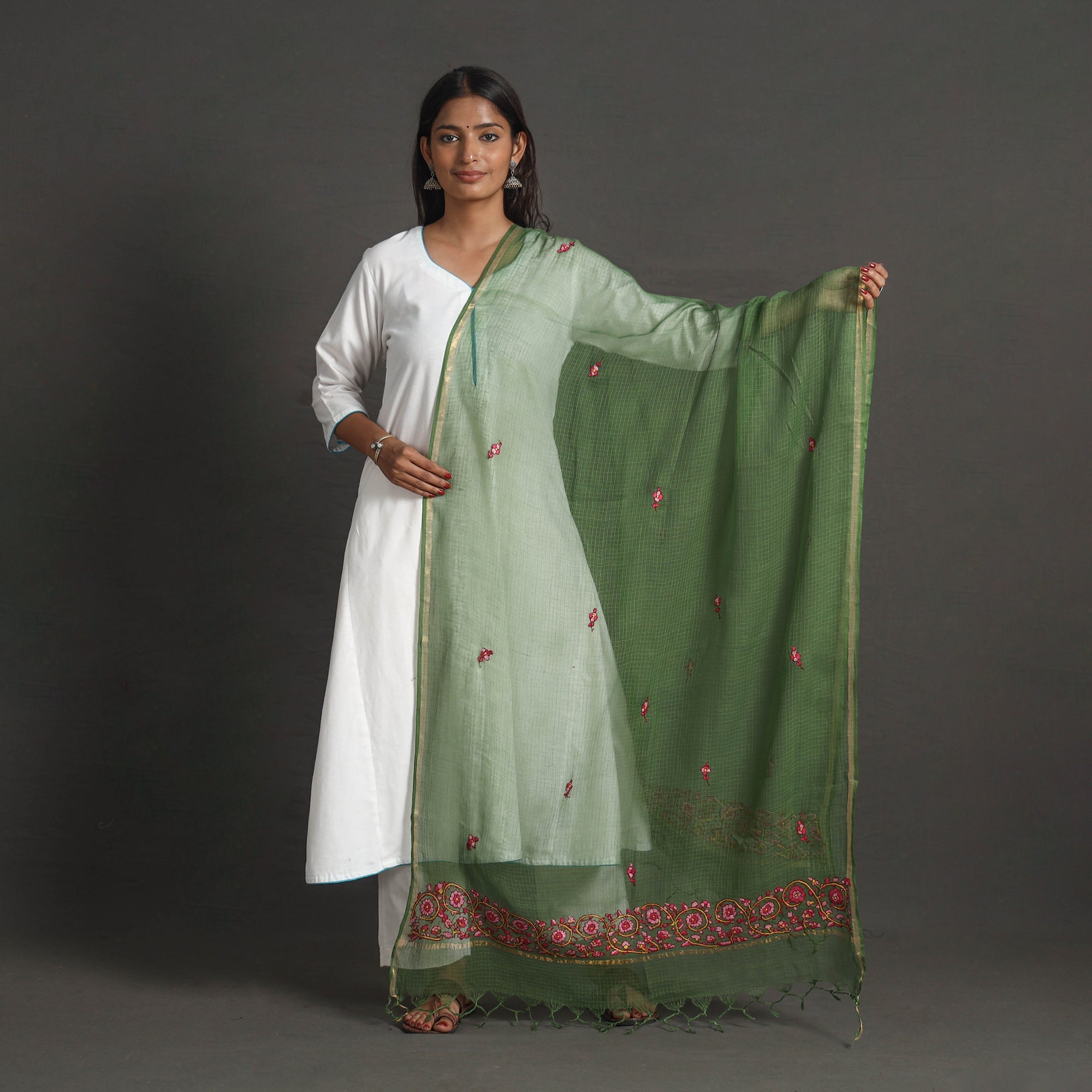ITOKRI CRAFTS INITIATIVE Kota Doria Silk Cotton Kashida Embroidery Dupatta 48