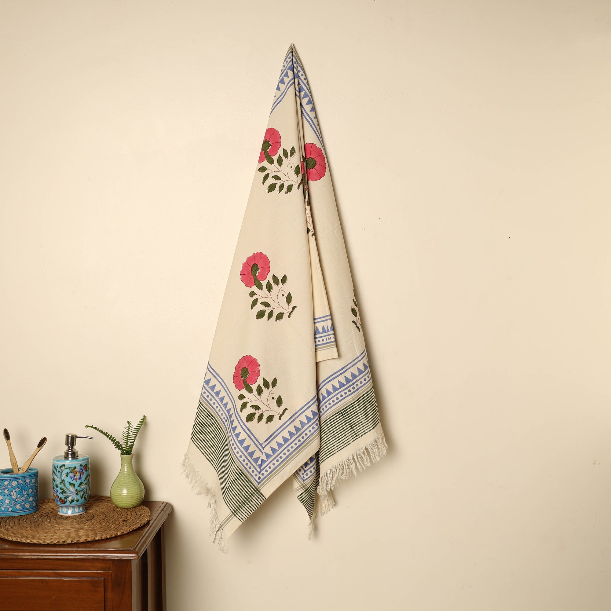 ARTISAN HAND BLOCK PRINTS Beige - Block Printed Handloom Cotton Sanganeri Towel 07