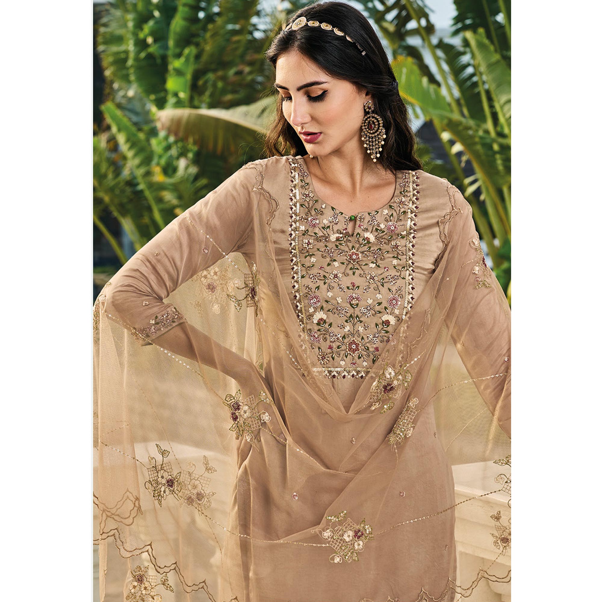 Peachmode Seller Chikoo Embroidered Chinon Sharara Suit - view 4