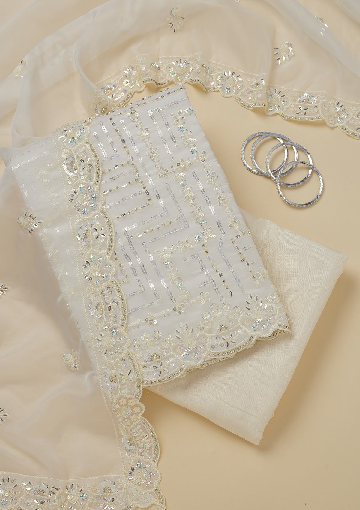 Koskii Cream Sequins Organza Unstitched Salwar Suit