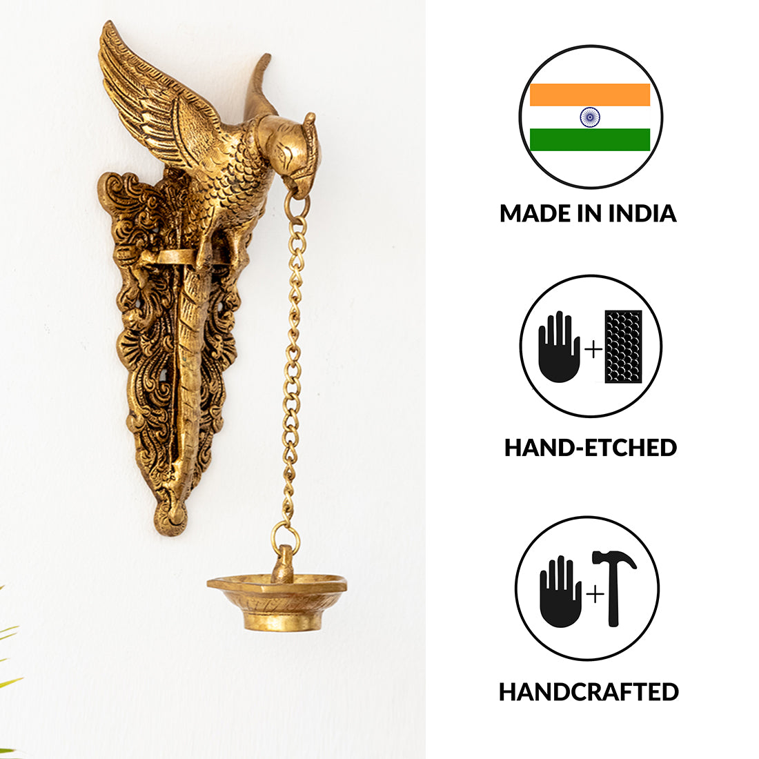 EXCLUSIVELANE 'Golden Parrot' Decorative Wall Hanging Brass Diya (5 Wicks, 1.5 Kg, Hand-Etched) - view 5