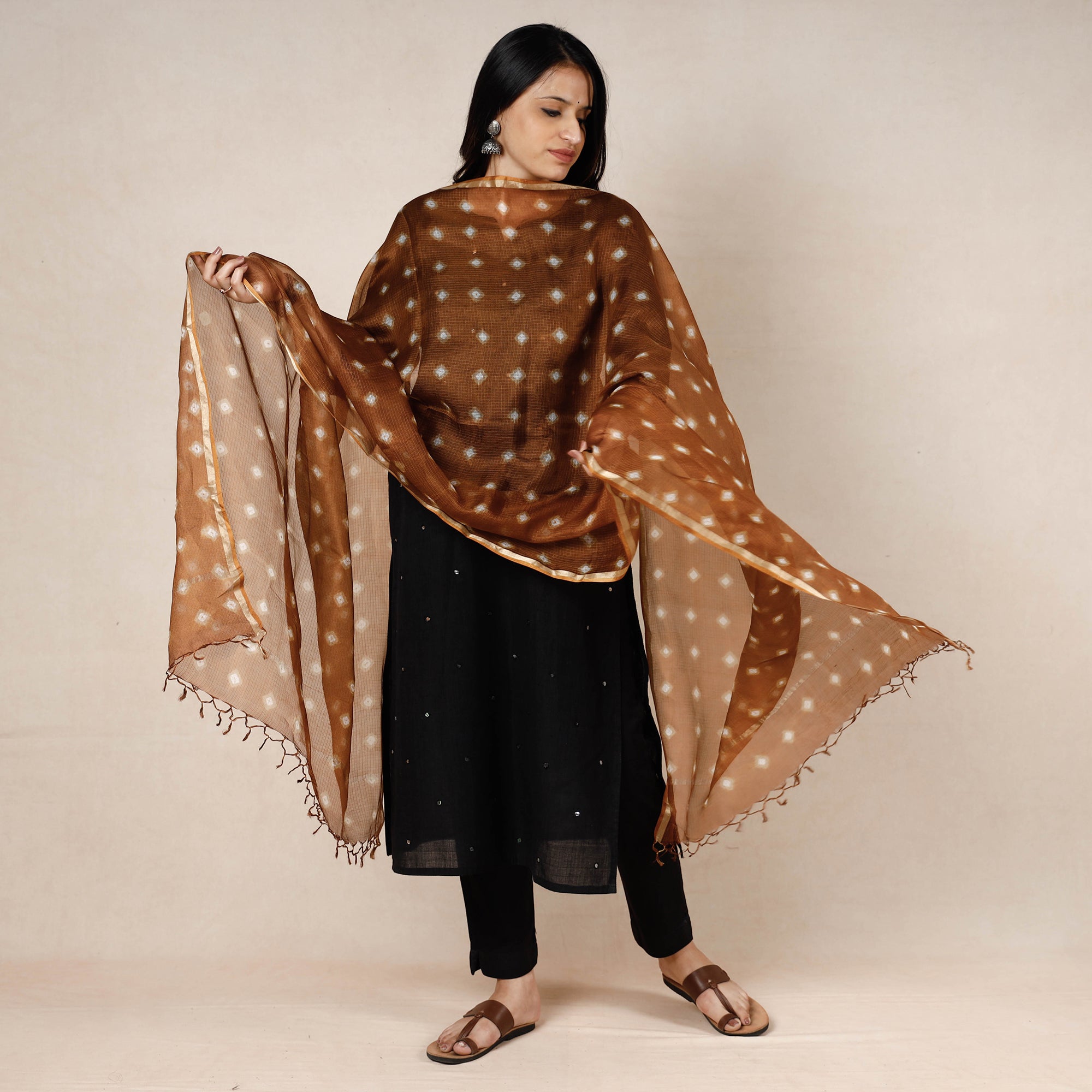 LEHARIYA BY BADSHAH MIYAN Brown - Bandhani Tie-Dye Kota Doria Silk Dupatta with Tassels