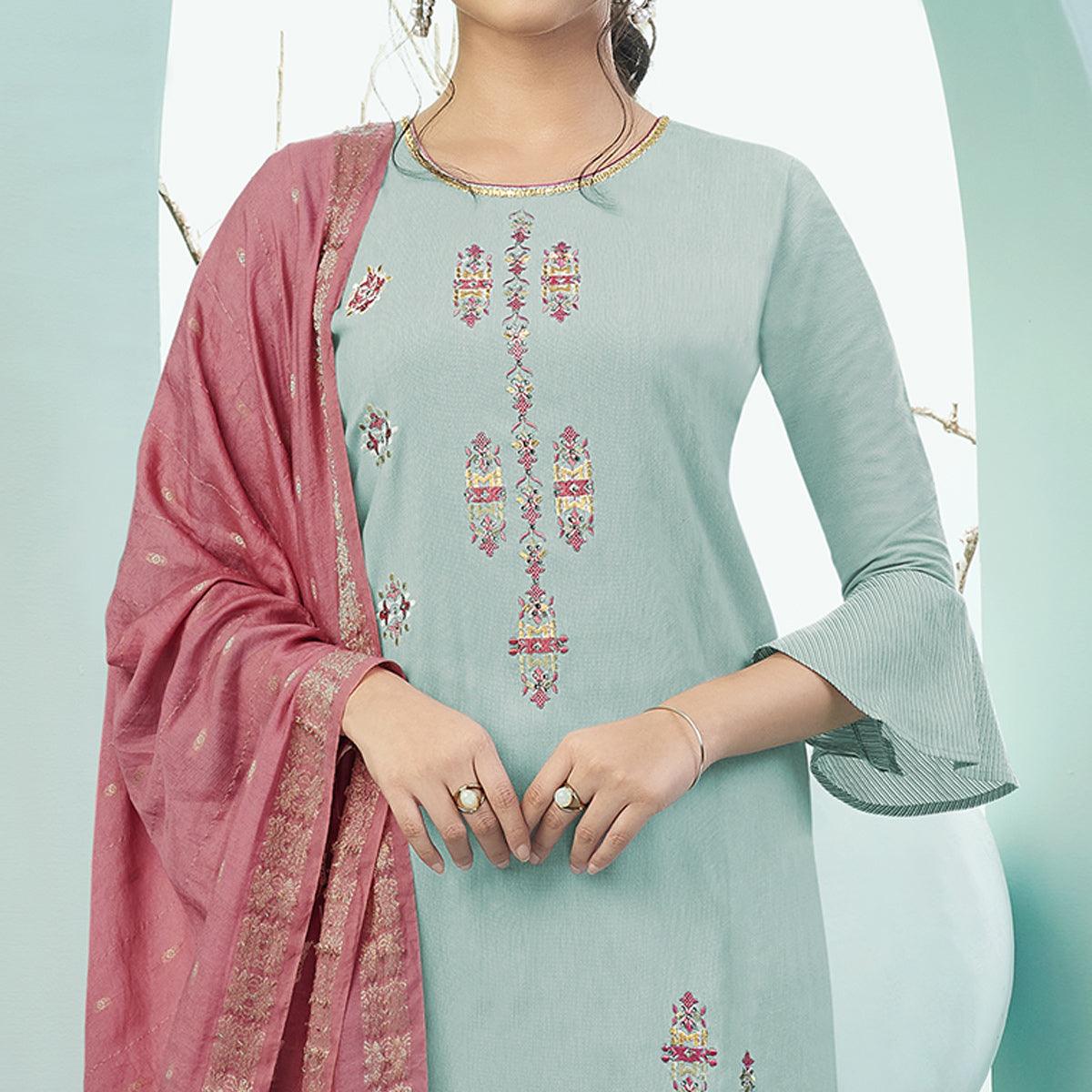 Peachmode Seller Light Sea Green Casual Wear Embroidered Cotton Suit - view 3