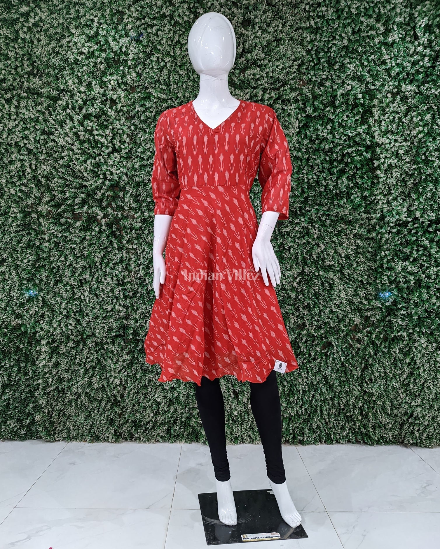 IndianVillèz Red Flower Motif Odisha Ikat Designer Cotton Frock