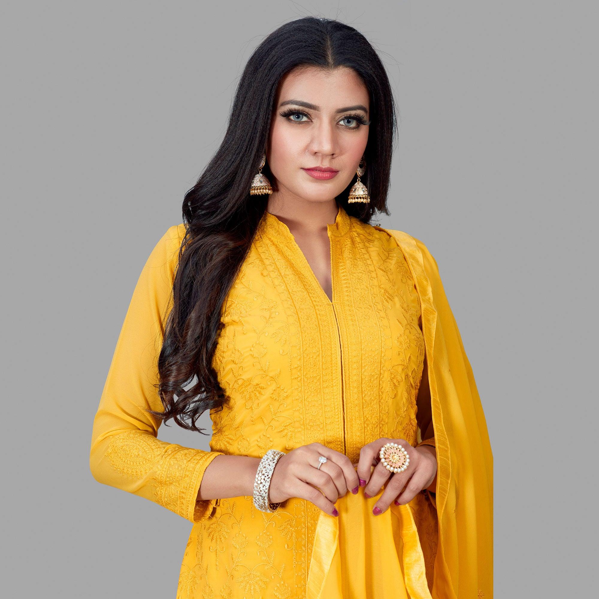 Peachmode Seller Glorious Yellow Colored Party Wear Embroidered Faux Georgette Palazzo Suit - view 2