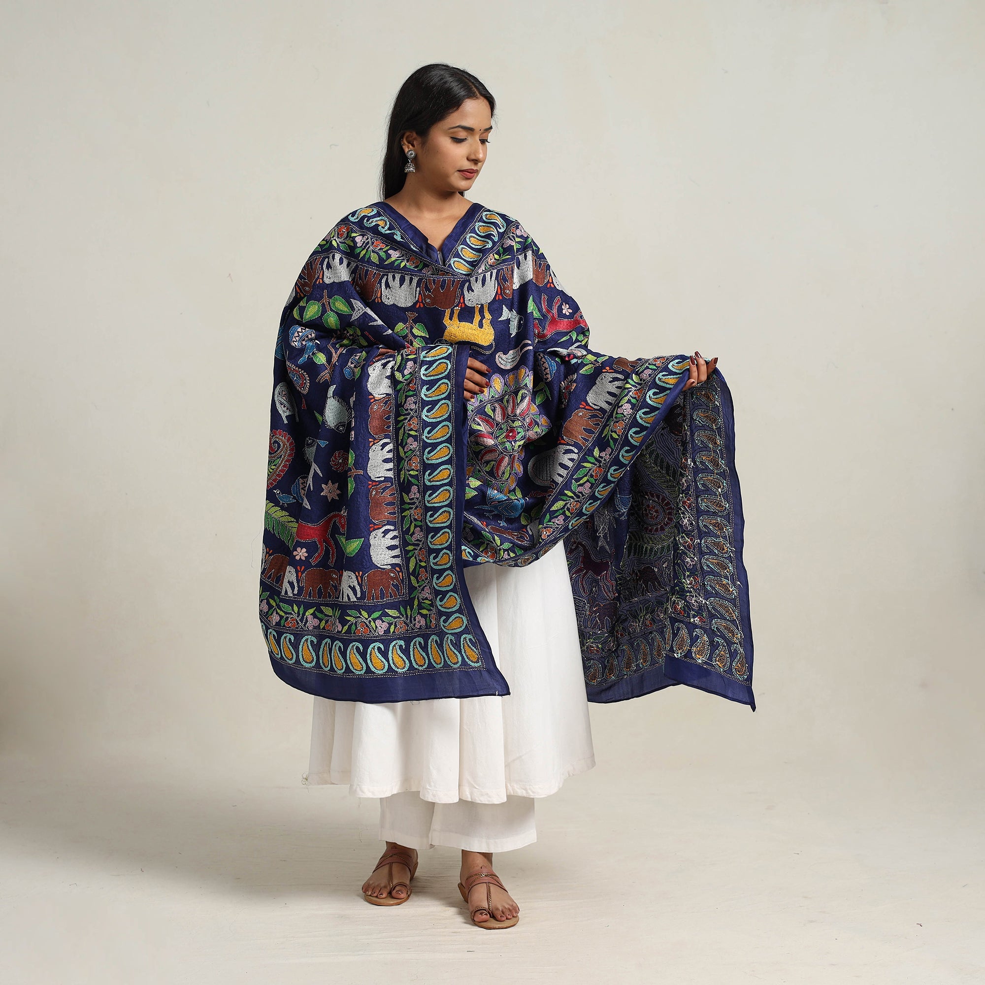 KHUSHBASH - HAPPY LOOM OF EAST Blue - Bengal Handloom Silk Kantha Embroidery Dupatta 14 - view 2