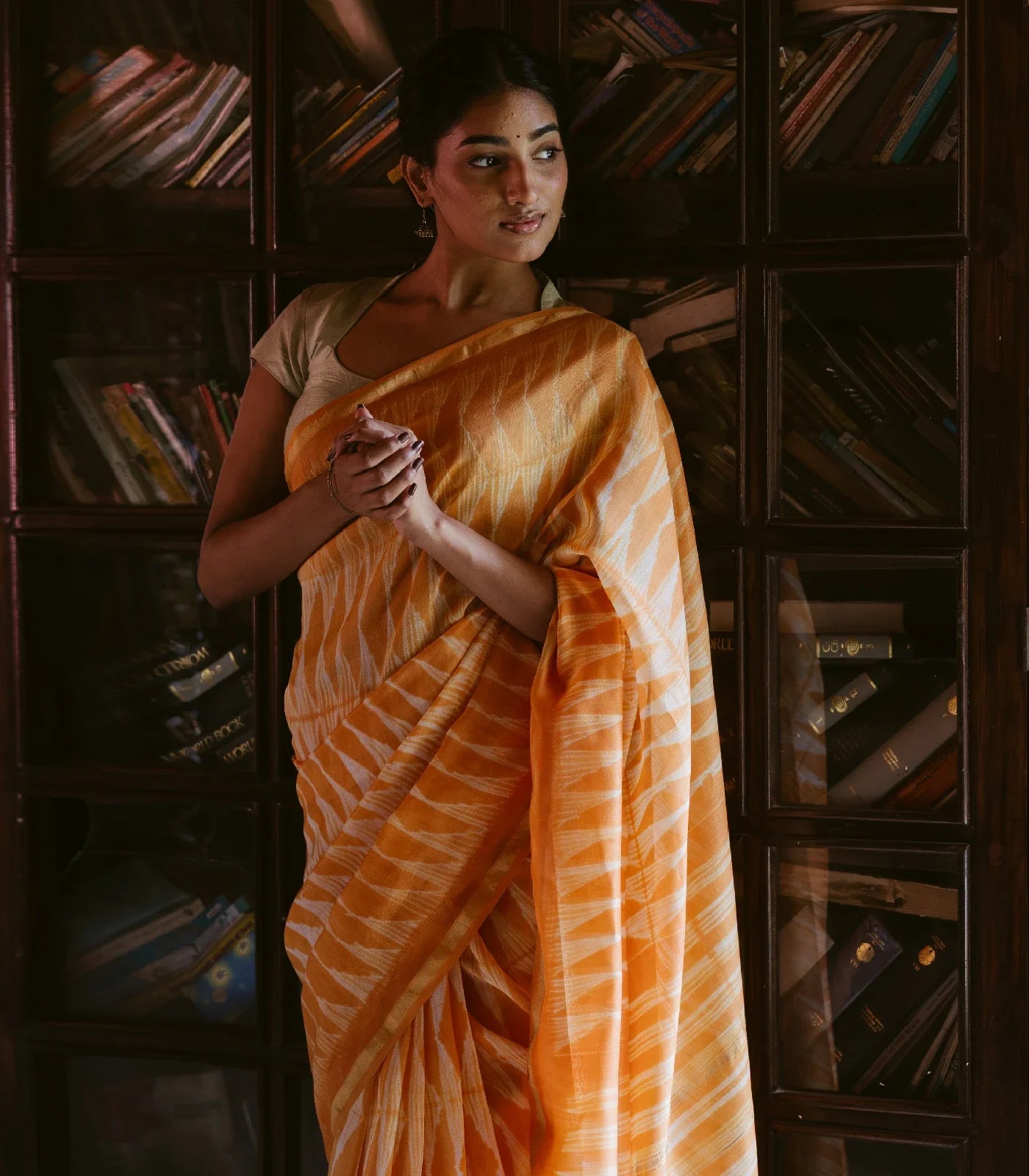 RmKV Orange Handloom Chanderi Cotton Saree With Triangular motifs in Shibori dyed technique