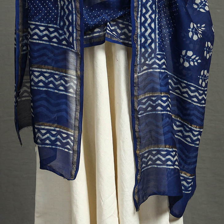 BAGRU DABU PRINTS Blue - Hand Block Print Chanderi Silk Dabu Bagru Dupatta 70 - view 4