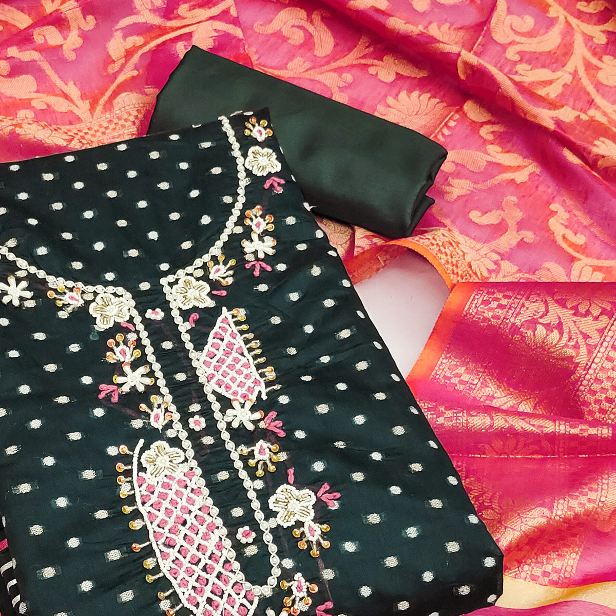 Peachmode Bottle Green Woven With Hand Embroidery Chanderi Dress Material - view 2