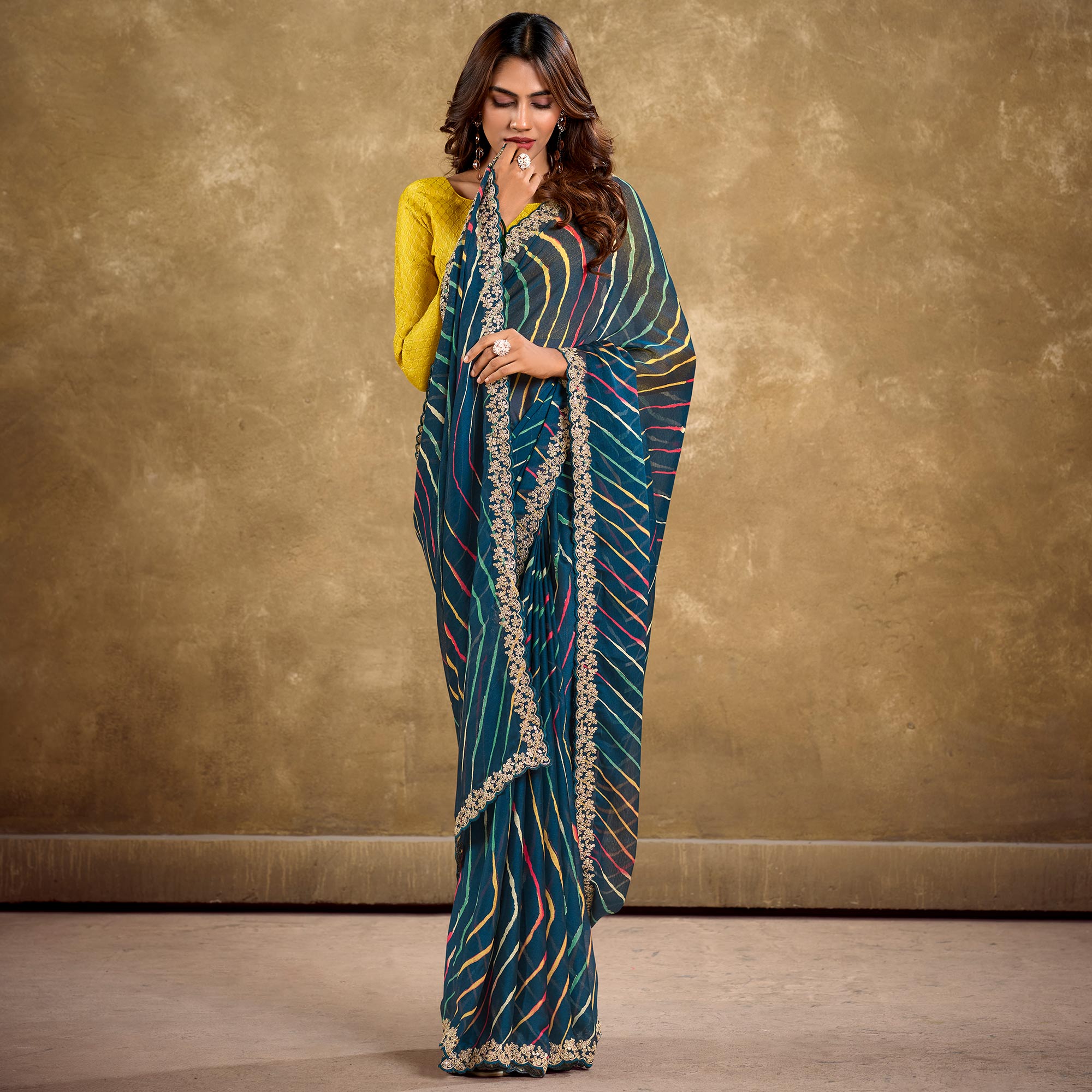 Peachmode Morpich Blue Printed Chiffon Saree With Sequins Border - view 2