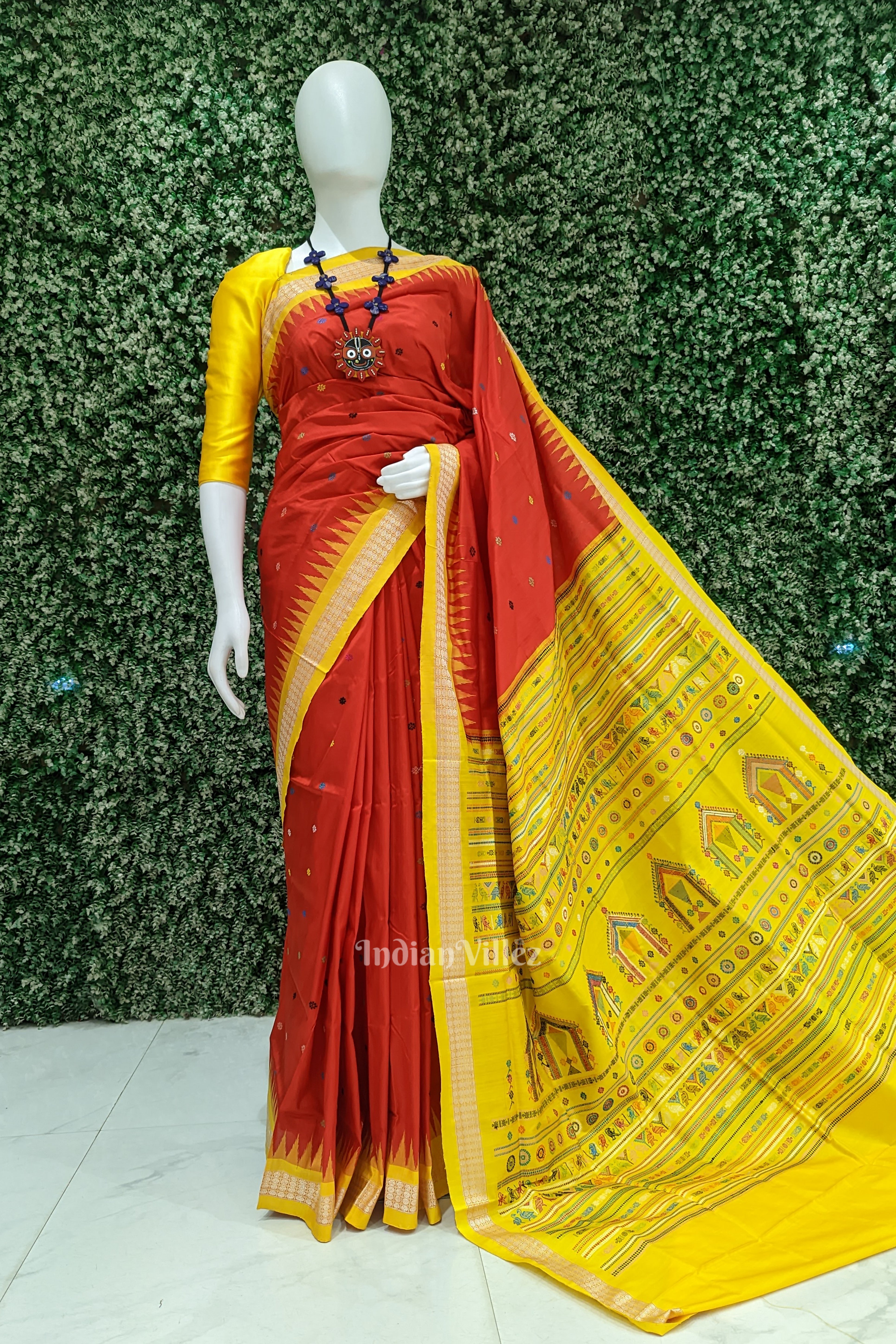 IndianVillèz Red Yellow Dolabedi Sambalpuri Bomkai Silk Saree