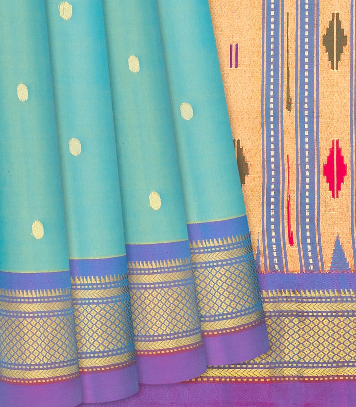 RmKV Light Blue Handloom Paithani Silk Saree With Coin Buttas-Light Blue