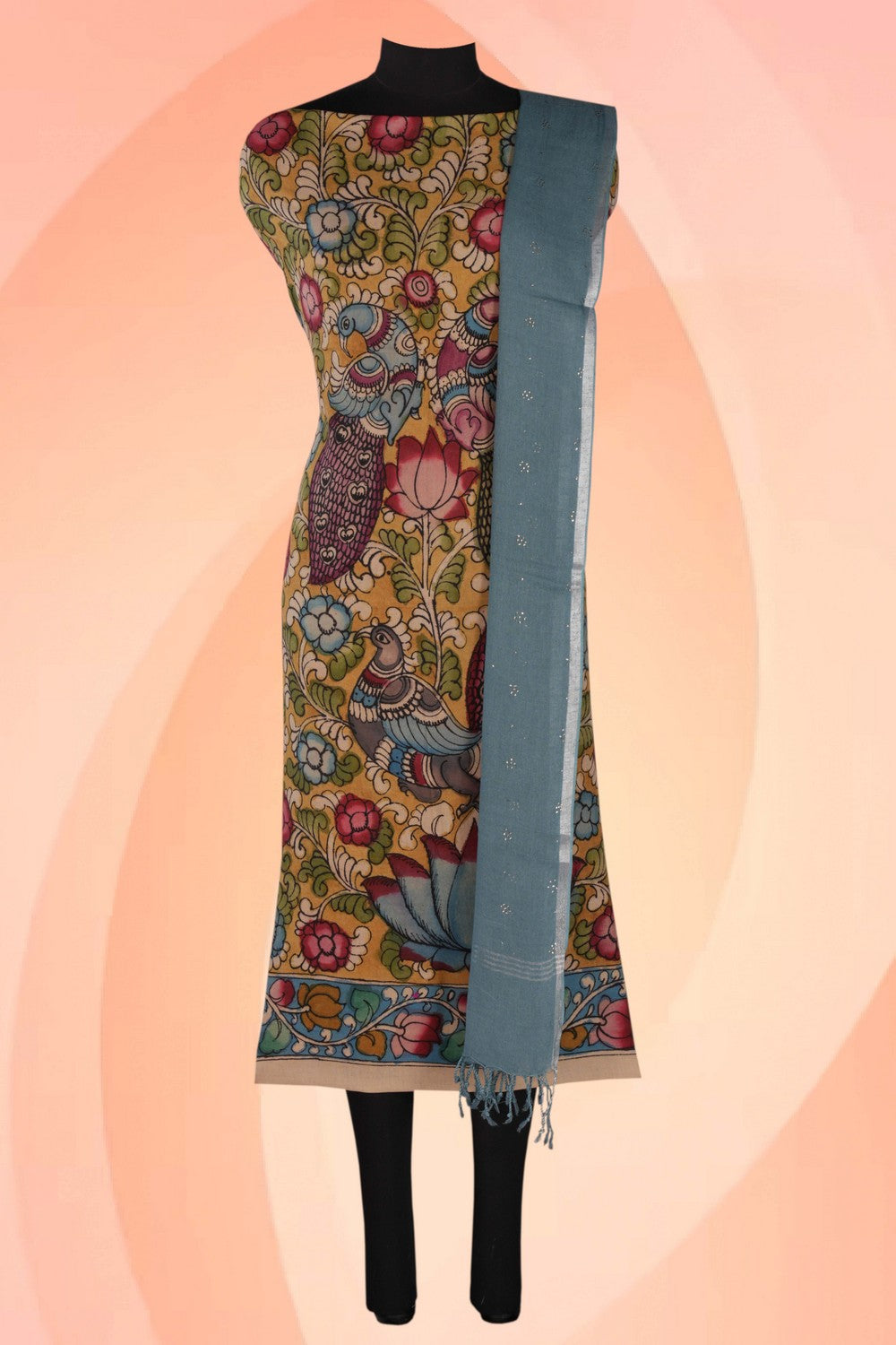 Kalanjali Kalamkari Unstitched Suit With Dupatta (2 Pcs Set)
