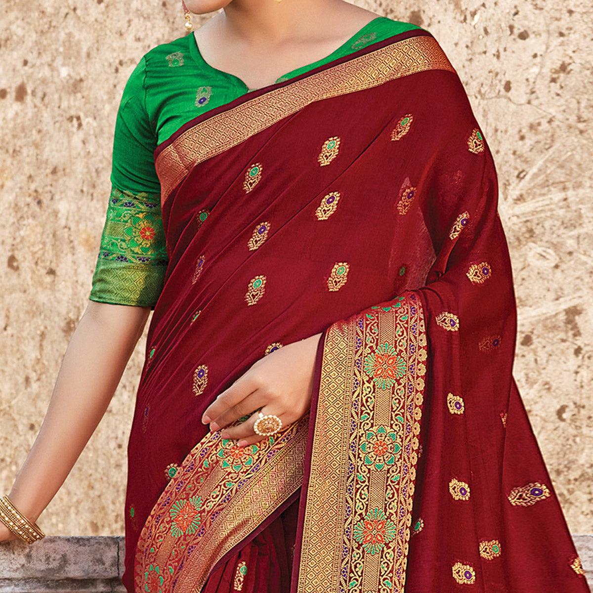 Peachmode Groovy Brown Colored Festive Wear Woven Cotton Handloom Saree - view 2