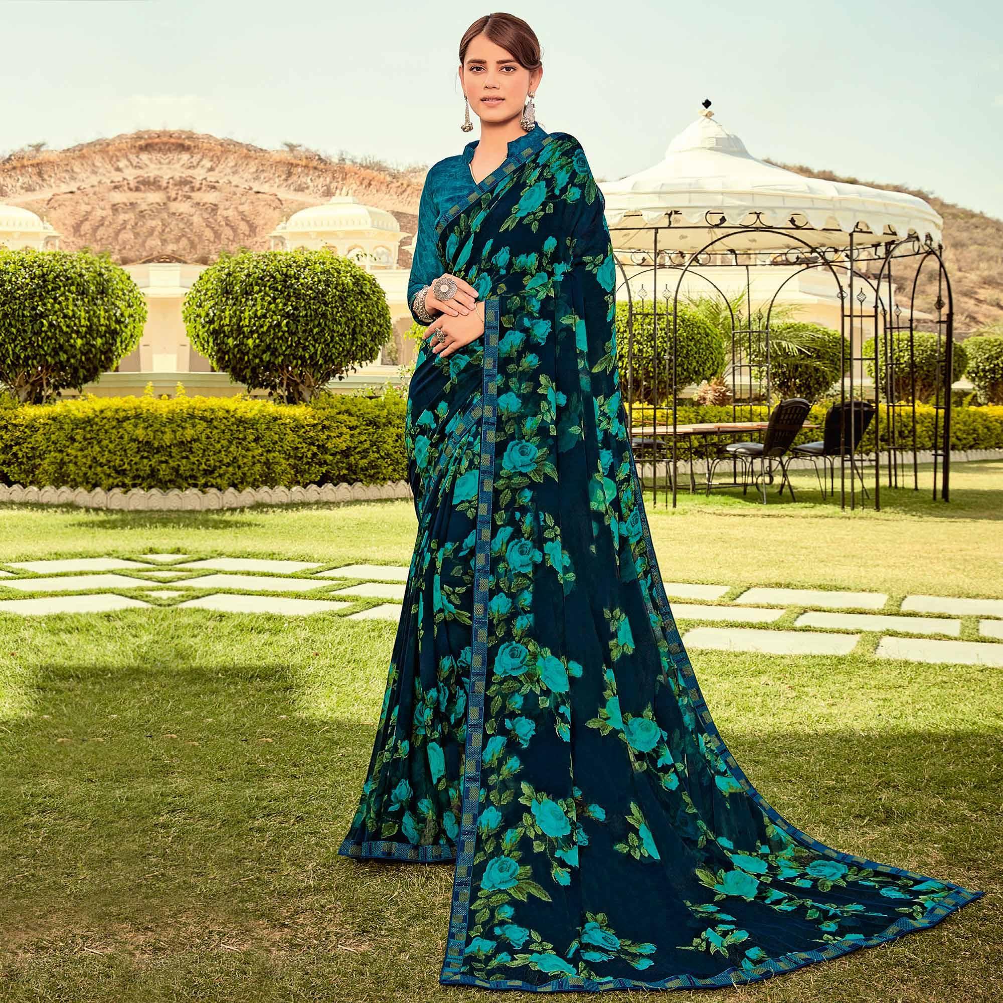 Peachmode Seller Dark Blue Casual Wear Printed Georgette Saree