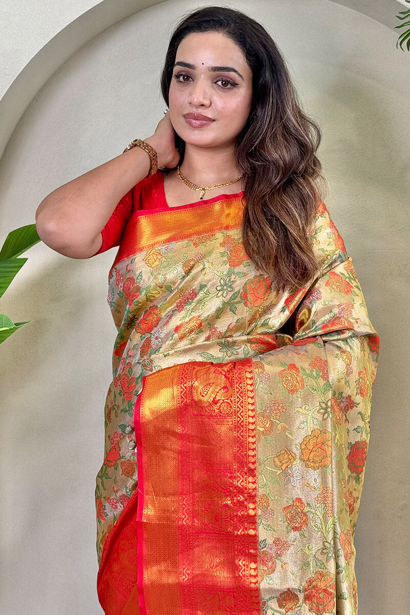 Tasrika Lovely Beige and Red Kanjivaram Silk Saree With Fancifull Blouse Piece - view 2