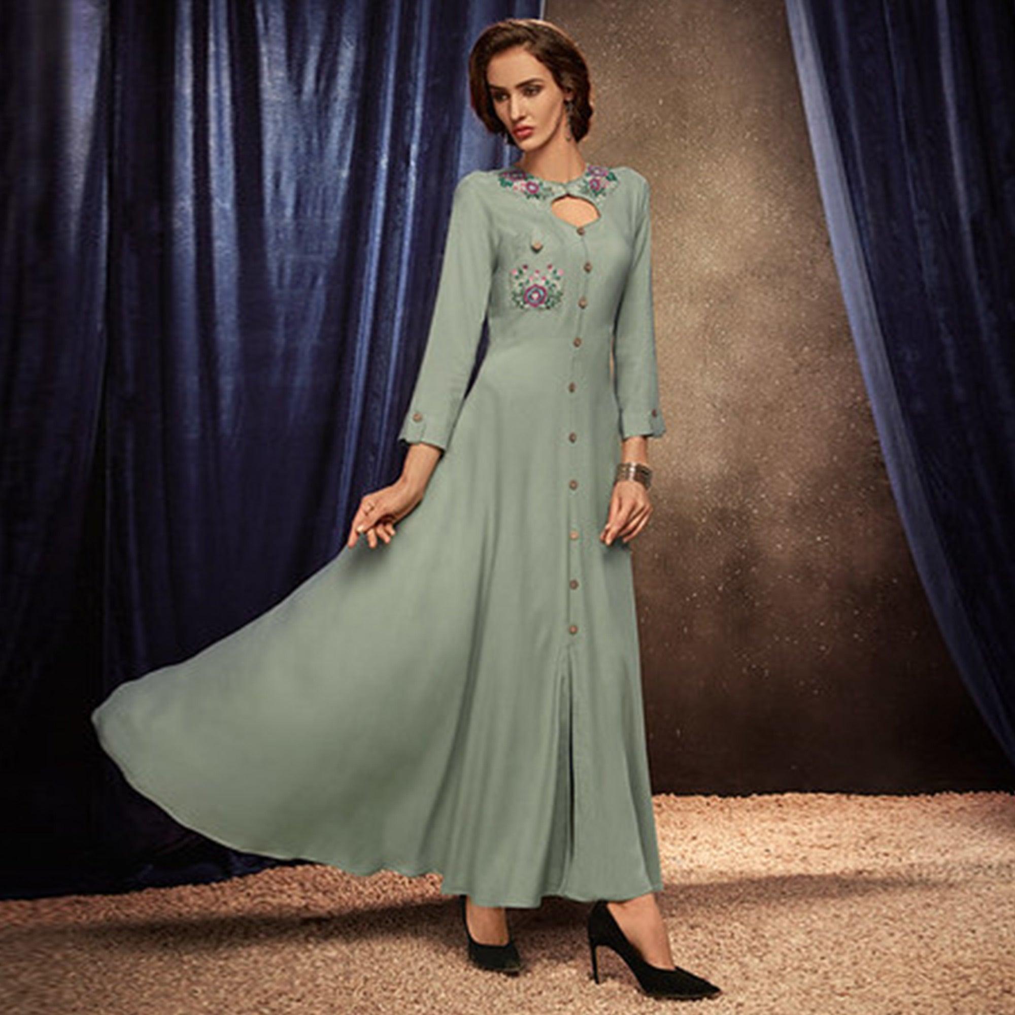 Peachmode Seller Mesmerising Light Pastel Green Colored Partywear Embroidered Rayon Long Kurti