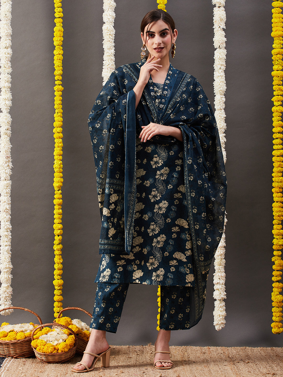 Fashor Floral Printed Straight Kurta with Pant & Dupatta - Blue