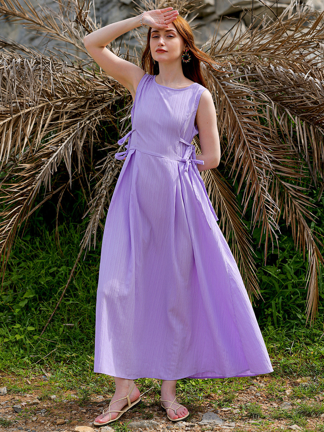 Freehand by The Indian Garage Co Women's Purple Flare Textured Round Neck Midi Dress